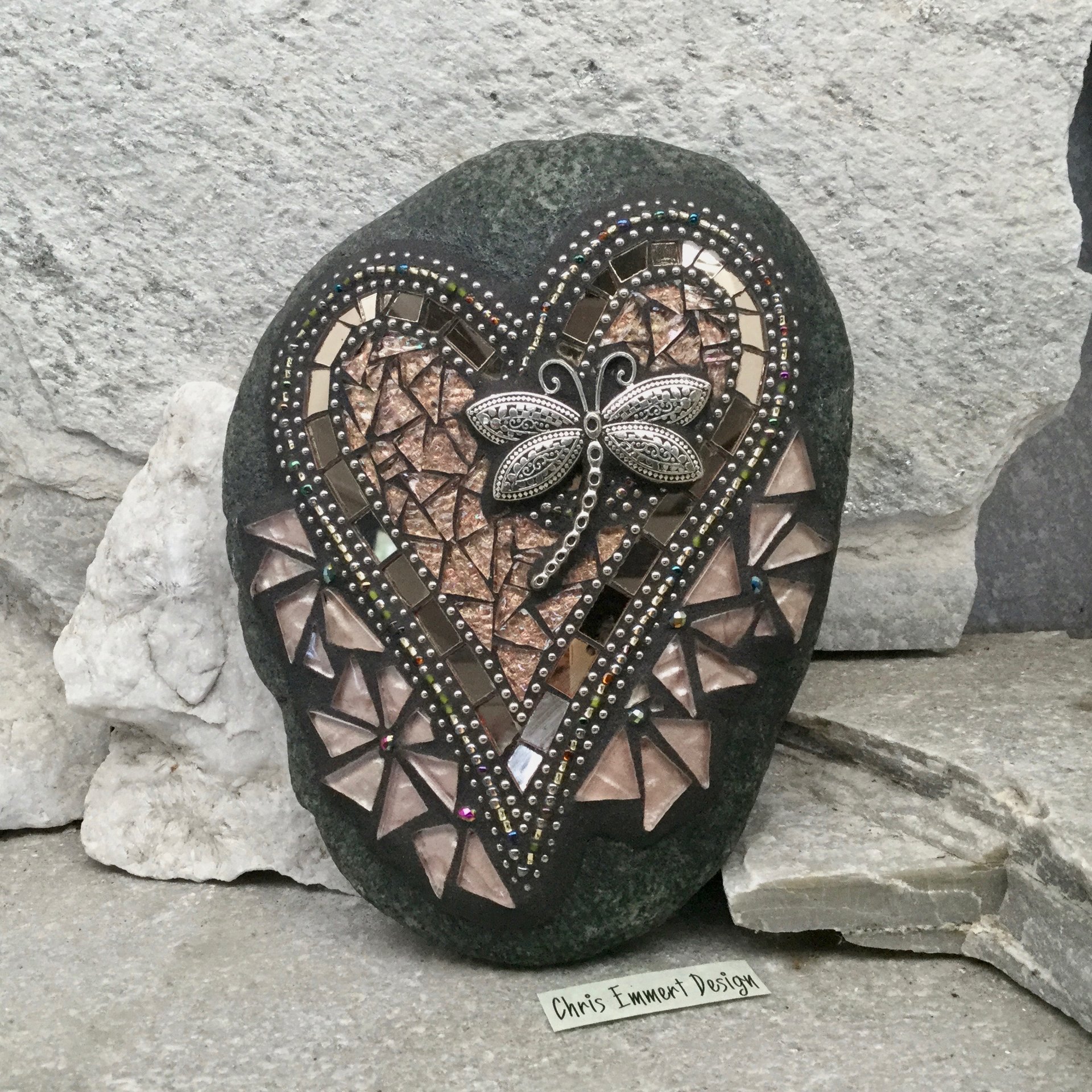 Copper and Bronze Mosaic Heart with Dragonfly