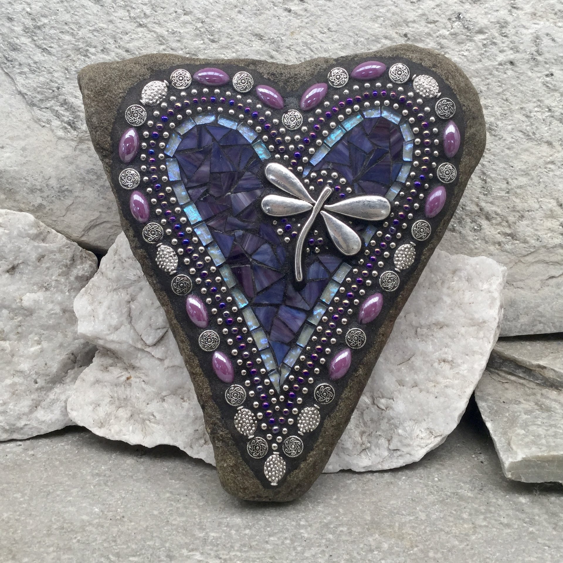 Purple Heart with Dragonfly, Garden Stone, Mosaic, Garden Decor