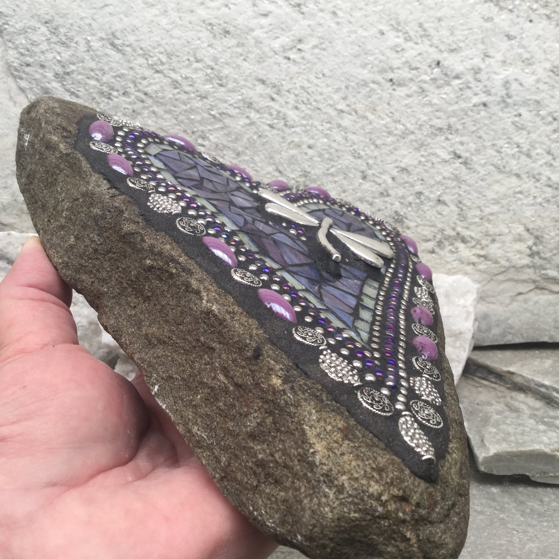 Purple Heart with Dragonfly, Garden Stone, Mosaic, Garden Decor