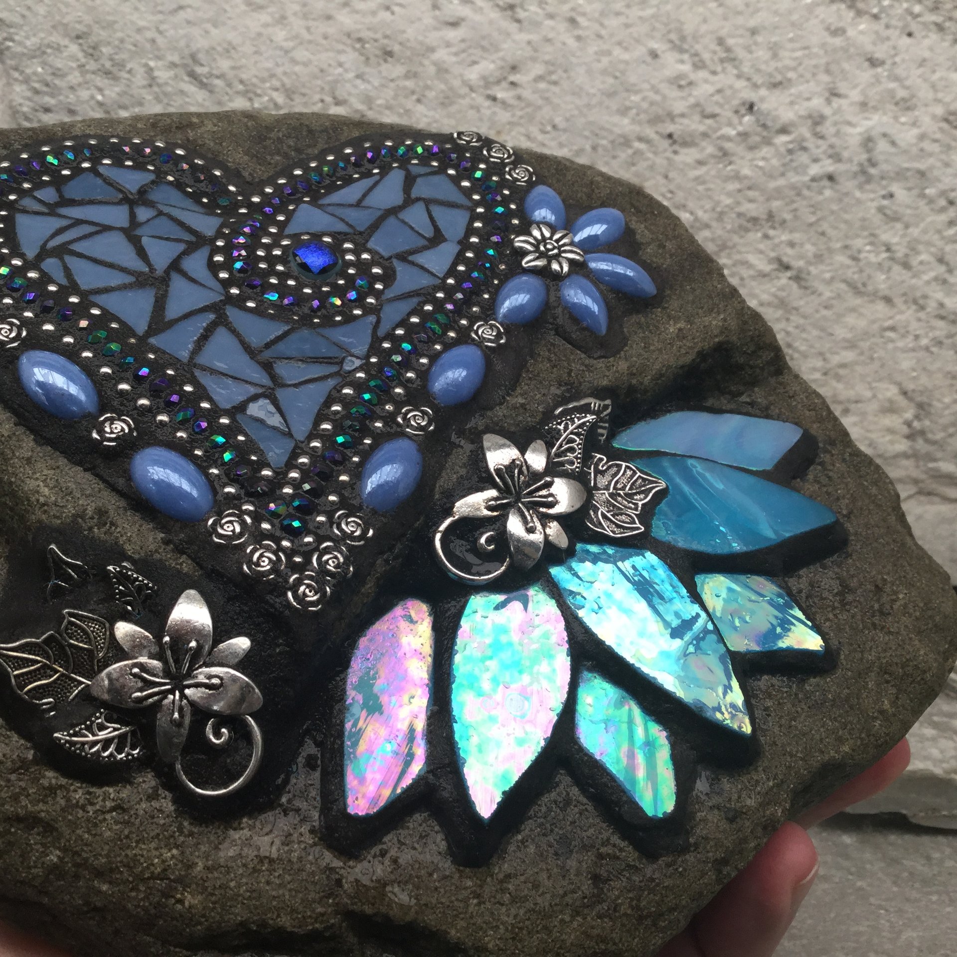 Denim Blue Heart with Iridescent Blue Lily Mosaic Garden Stone, Home and Garden Decor, Gardening Gift,