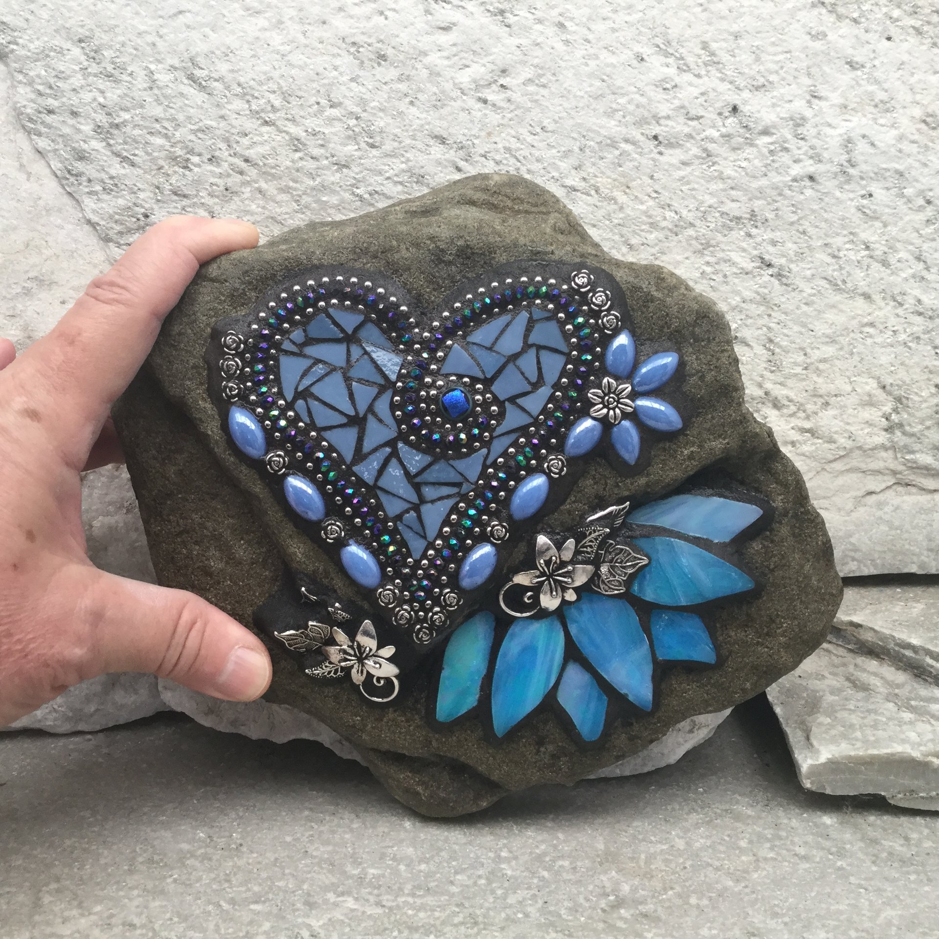 Denim Blue Heart with Iridescent Blue Lily Mosaic Garden Stone, Home and Garden Decor, Gardening Gift,