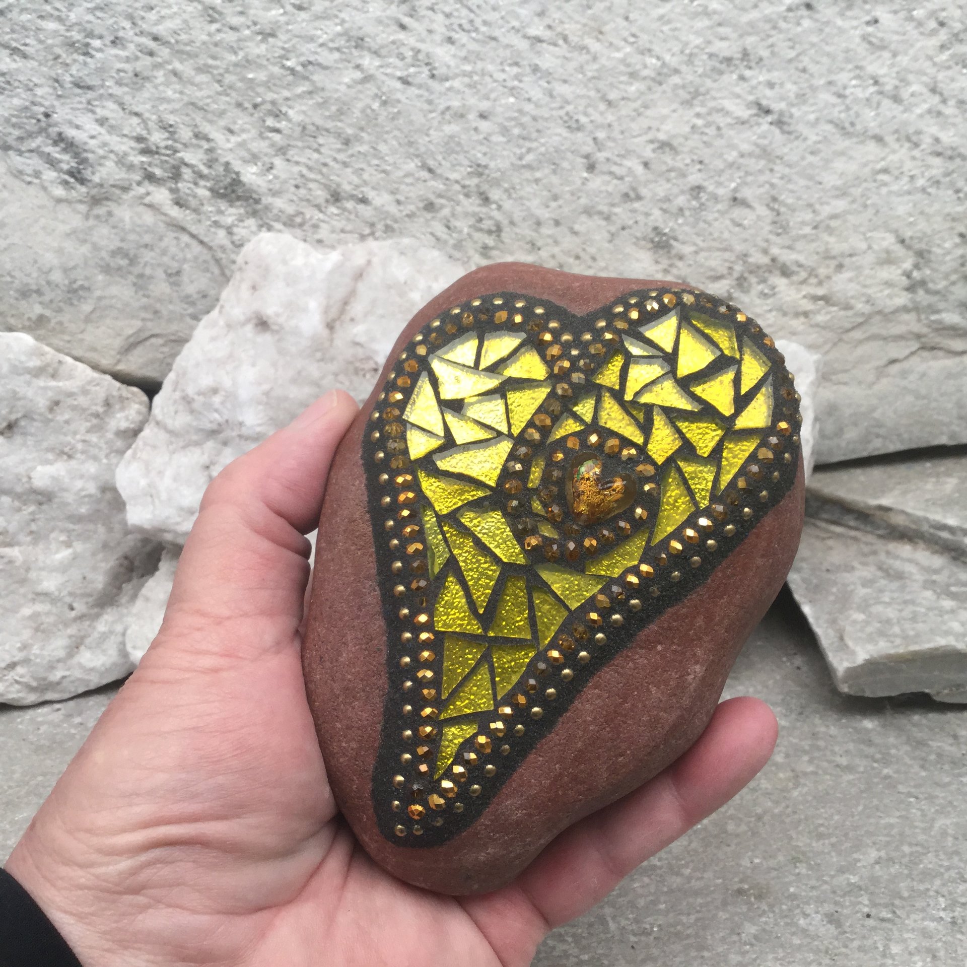 Gold Mirror Heart, Garden Stone, Mosaic, Garden Decor
