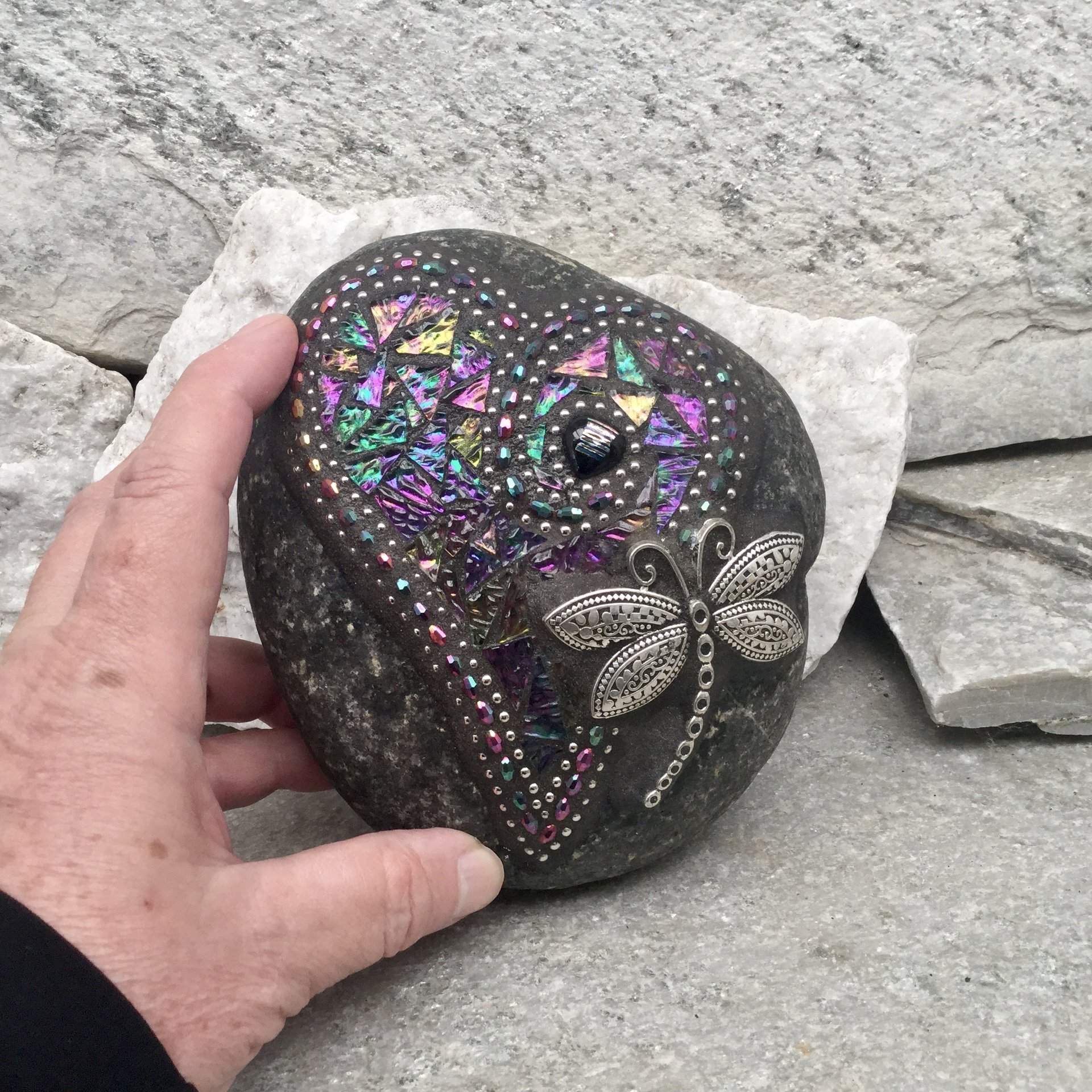 Iridescent Glass Mosaic Heart Garden Stone, Gardner Gift, Garden Decor