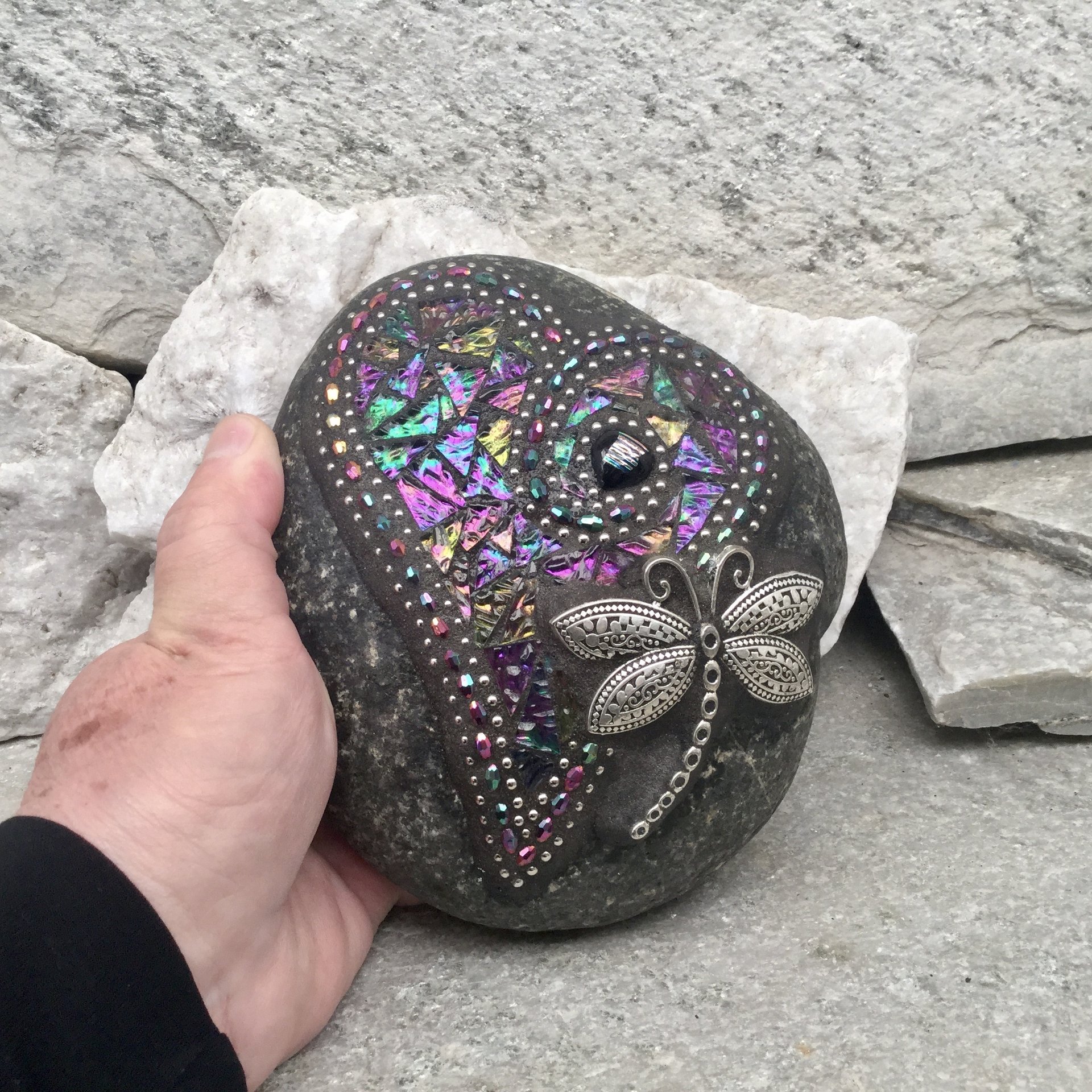 Iridescent Glass Mosaic Heart Garden Stone, Gardner Gift, Garden Decor