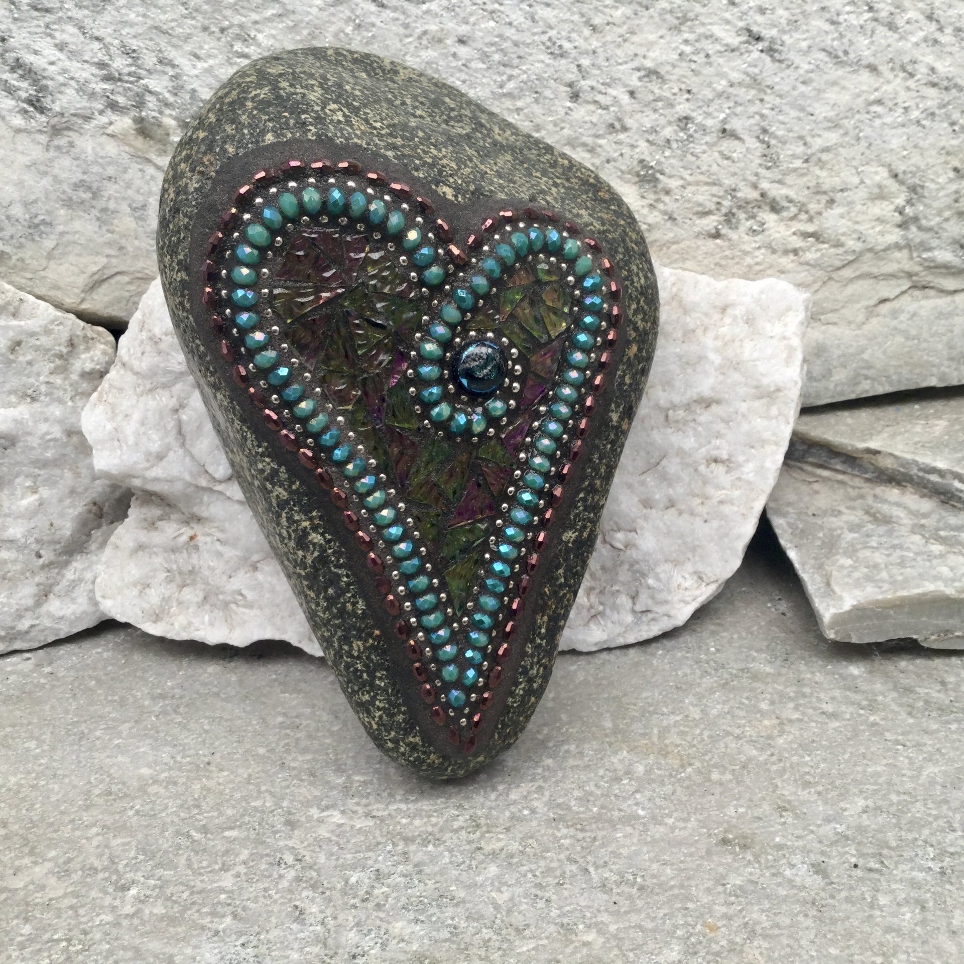 Iridescent Glass Mosaic Heart Garden Stone, Gardner Gift, Garden Decor