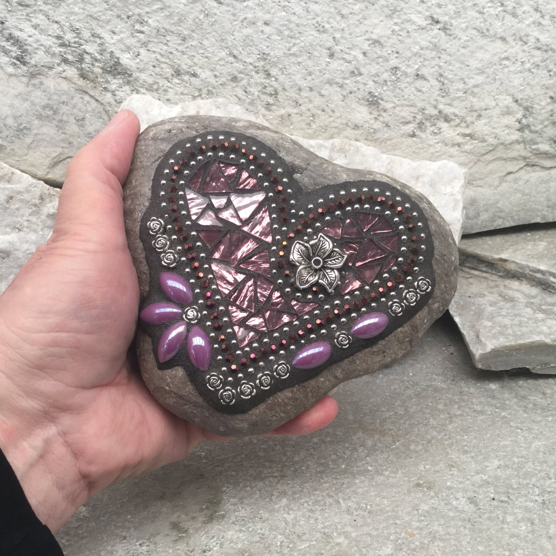 Purple Mirror Glass Mosaic Heart Garden Stone, GardnerGift, Garden Decor