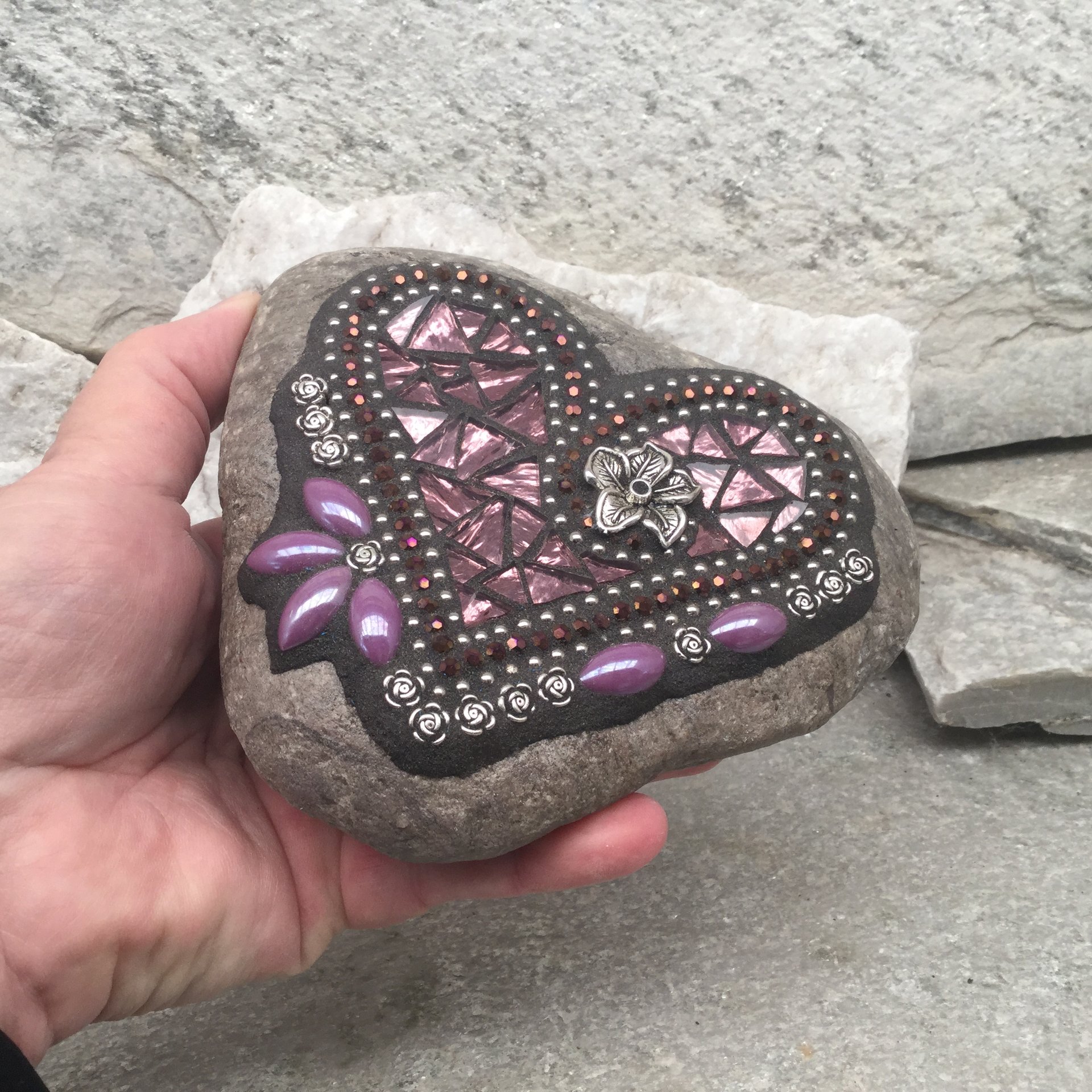 Purple Mirror Glass Mosaic Heart Garden Stone, GardnerGift, Garden Decor