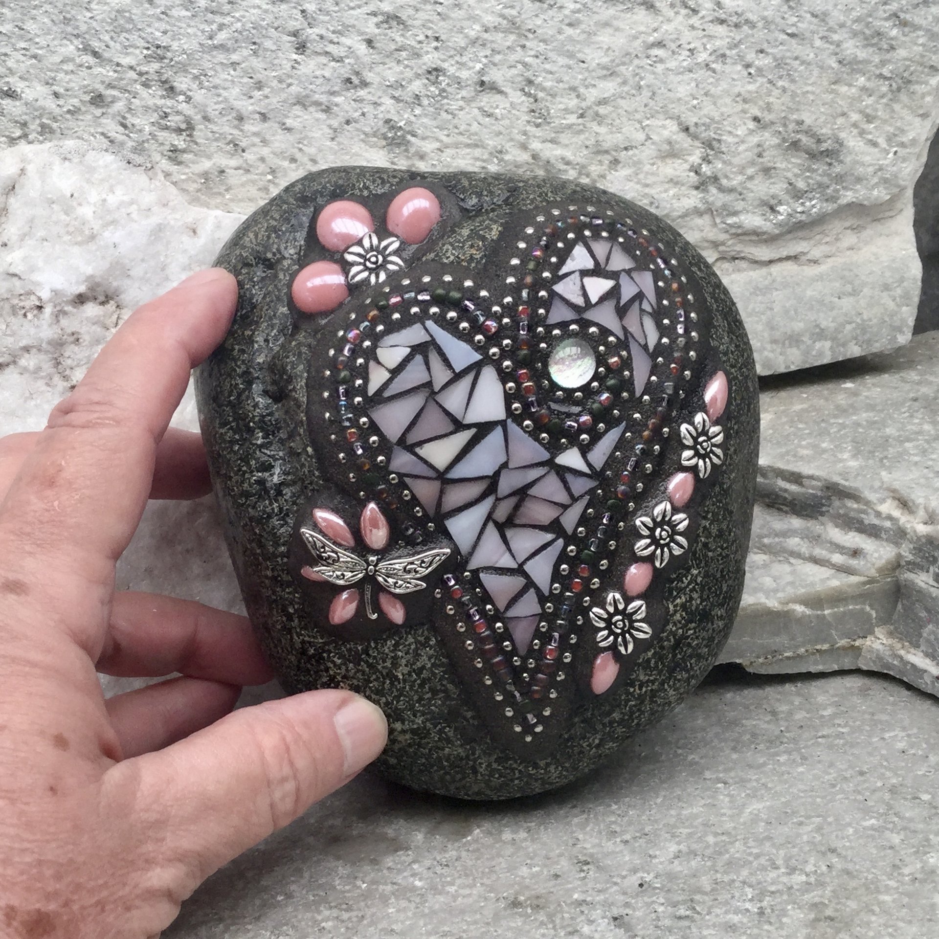 Light Pink Dragonfly Mosaic Heart Garden Stone, GardnerGift, Garden Decor