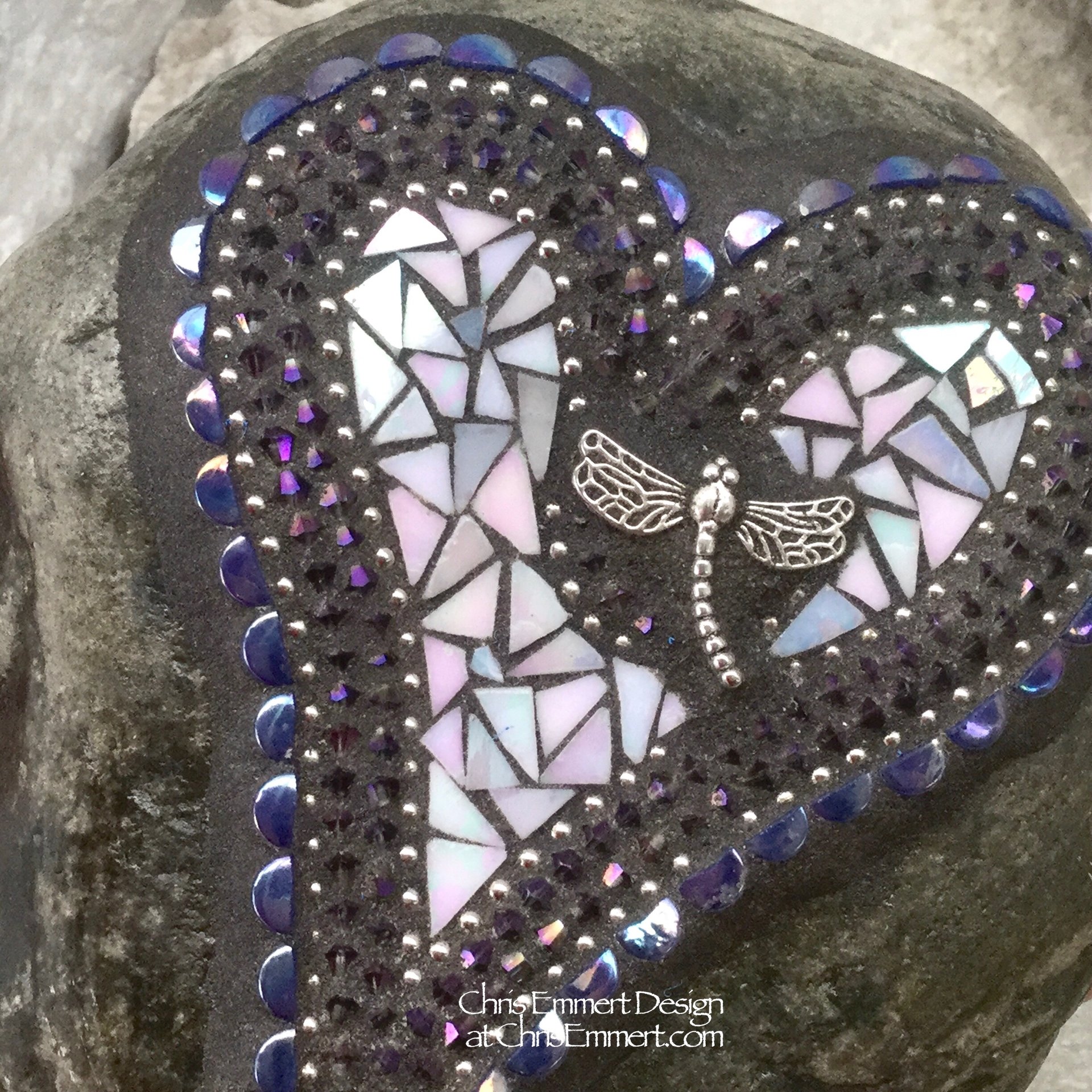 Iridescent White Dragonfly Mosaic Heart Garden Stone, GardnerGift, Garden Decor