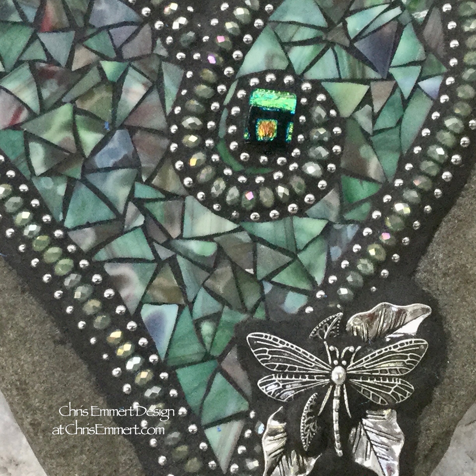 Green Mosaic Heart with Dragonfly, Garden Stone, Garden Decor