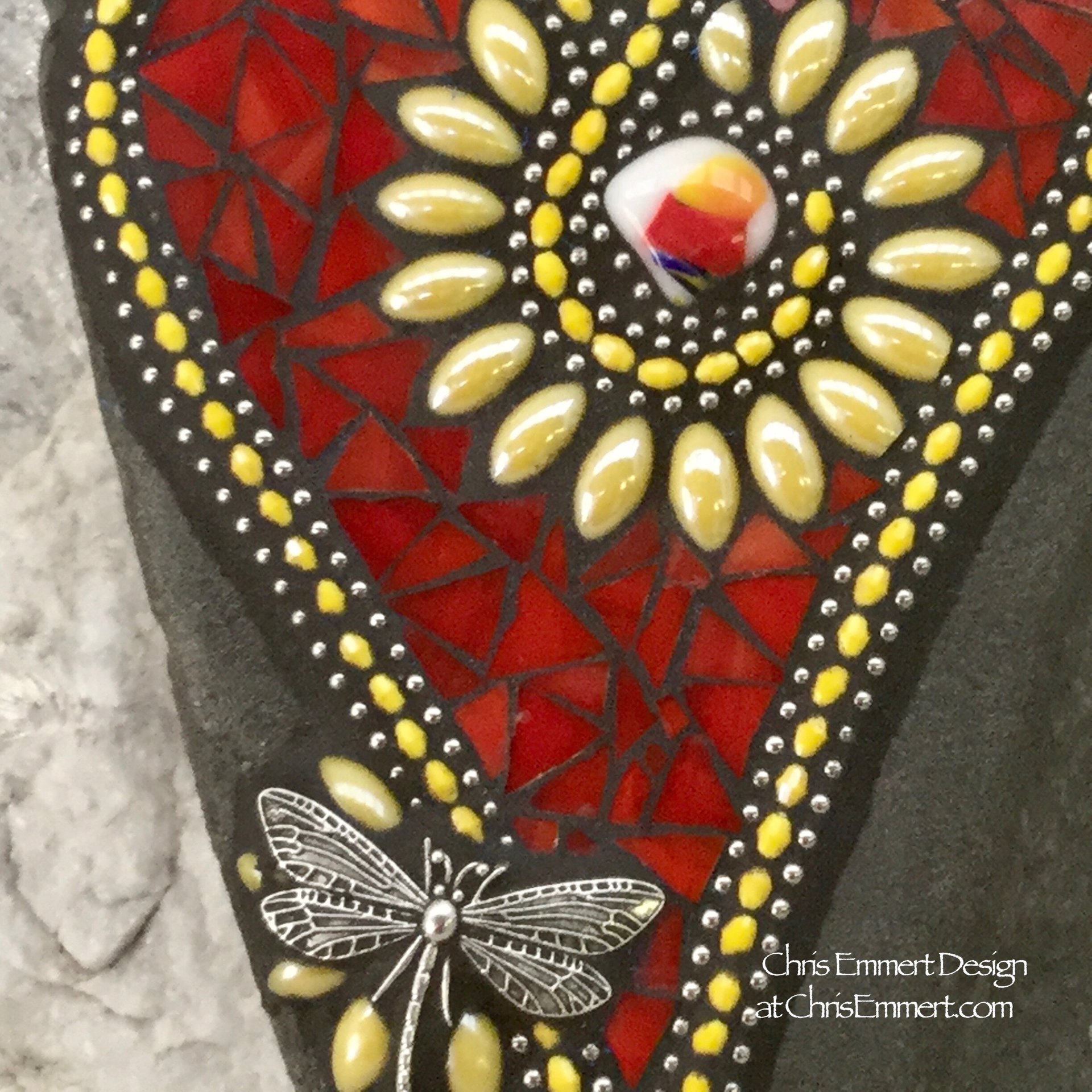 Red and Yellow Flower Mosaic Heart with Dragonfly, Garden Stone, Garden Decor
