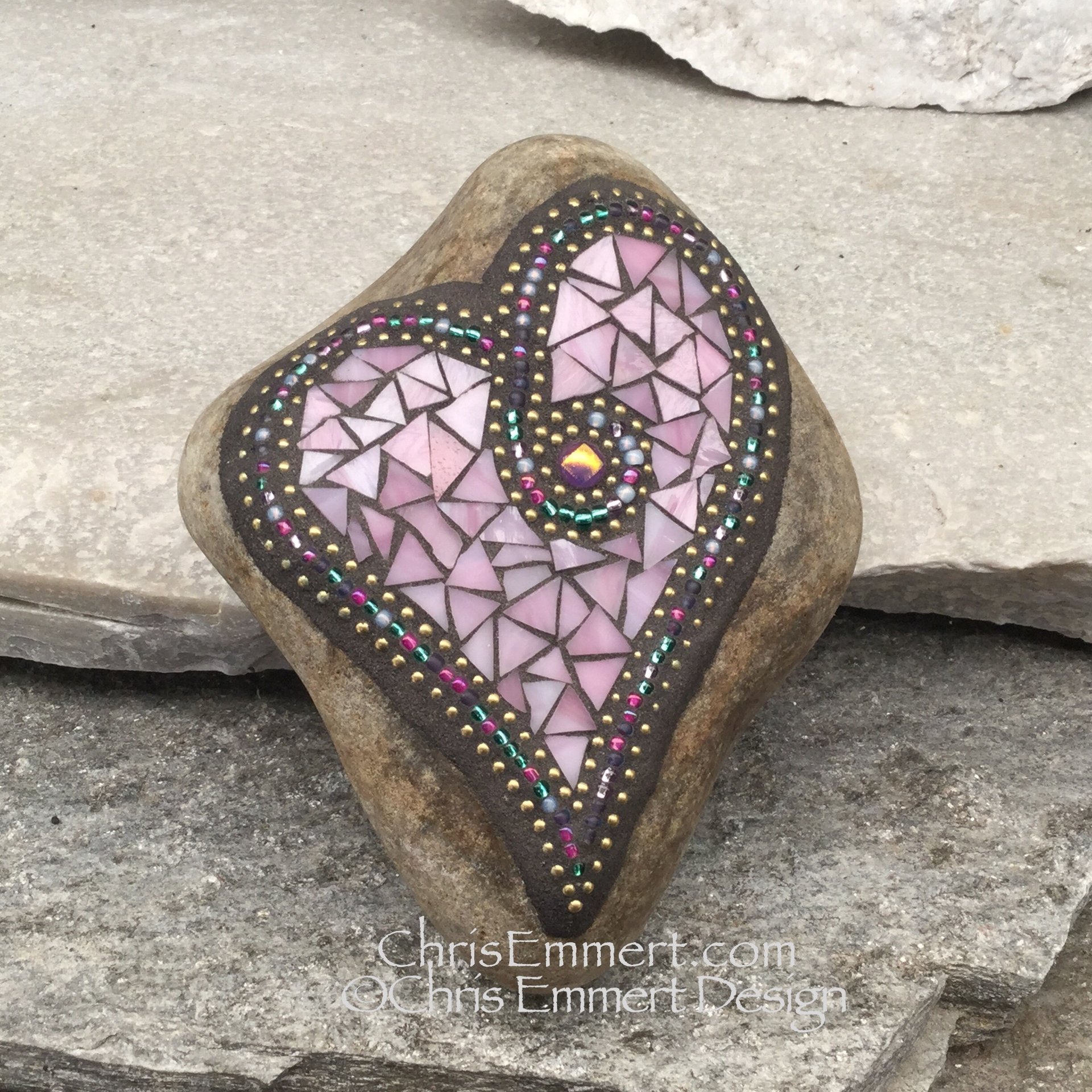 Pink Mosaic Heart Garden Stone