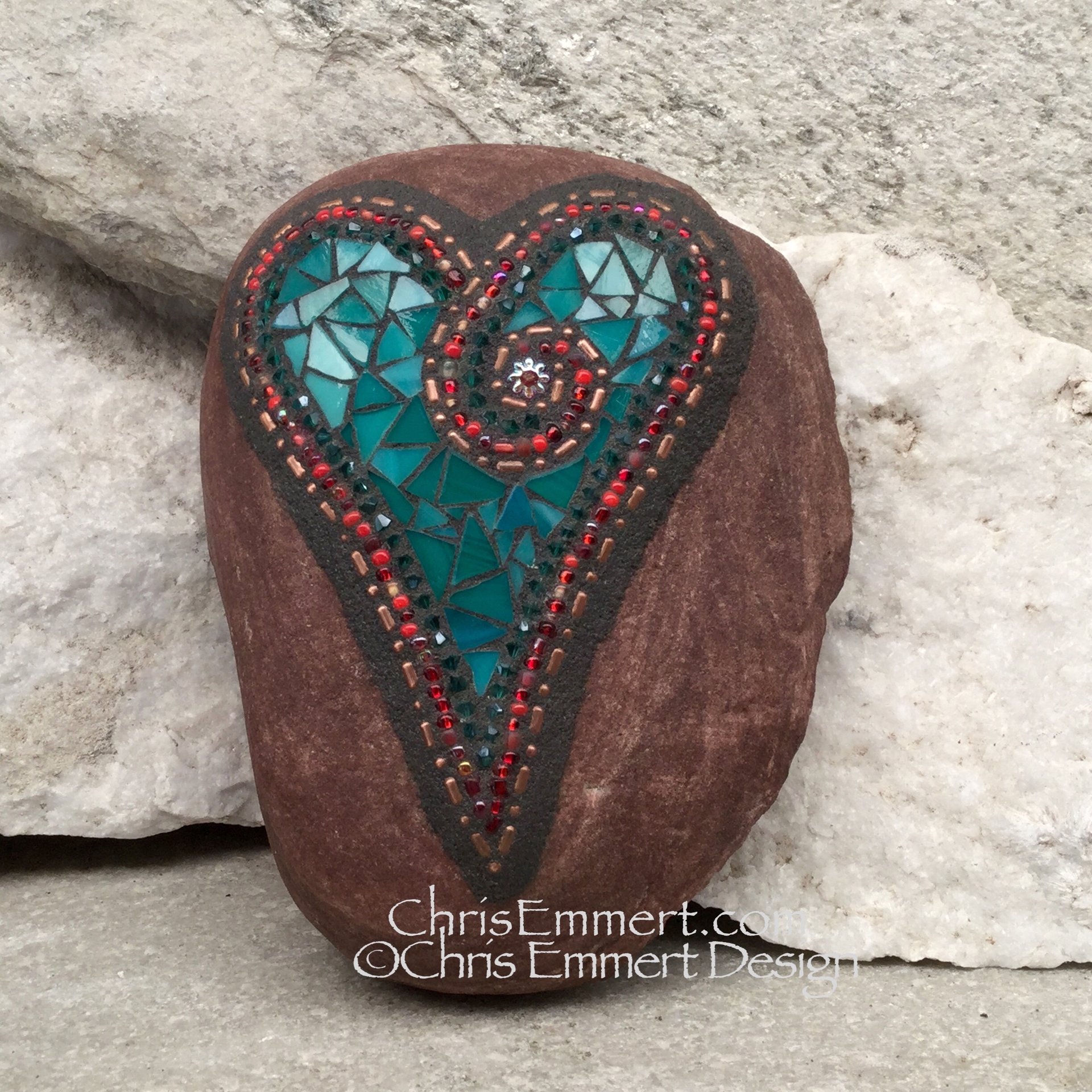 Teal Mosaic Heart Garden Stone