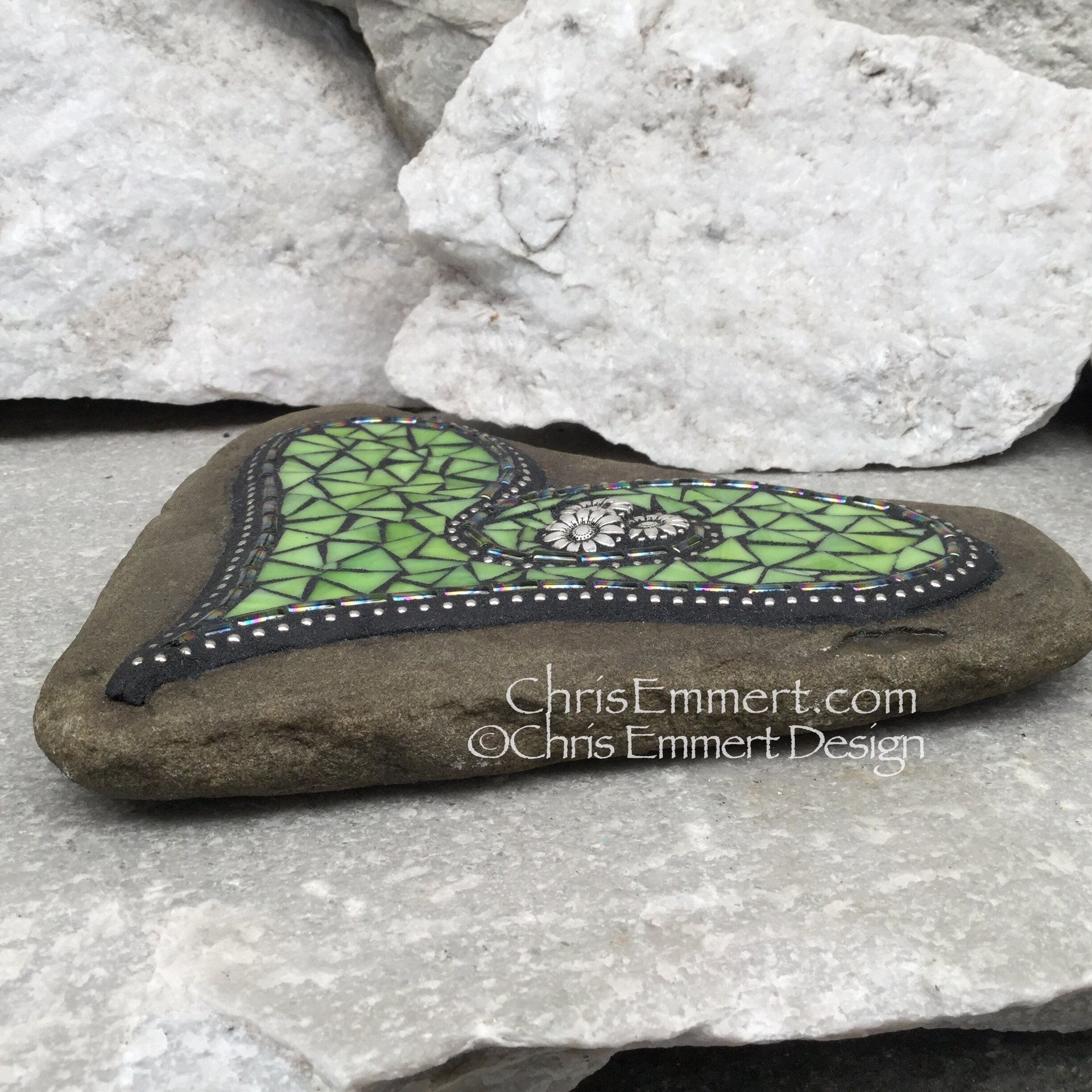 Lime Green Heart with Sun Flowers, Garden Stone, Mosaic, Garden Decor