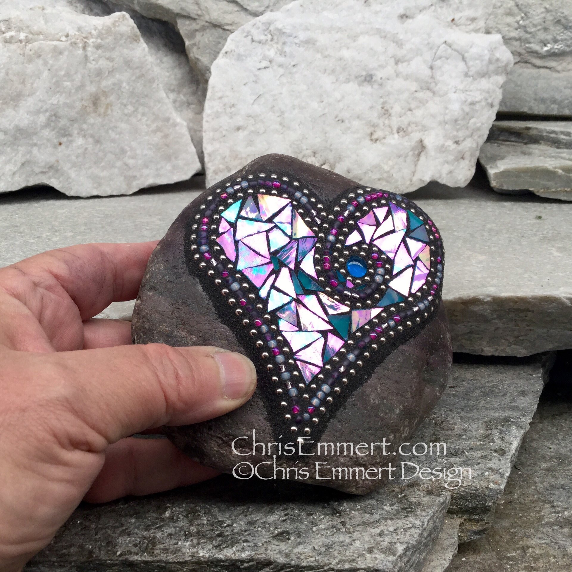 Iridescent Bright Blue Mosaic Heart, Mosaic Garden Stone, Gardner Gift, Garden Decor, Mosaic Rock