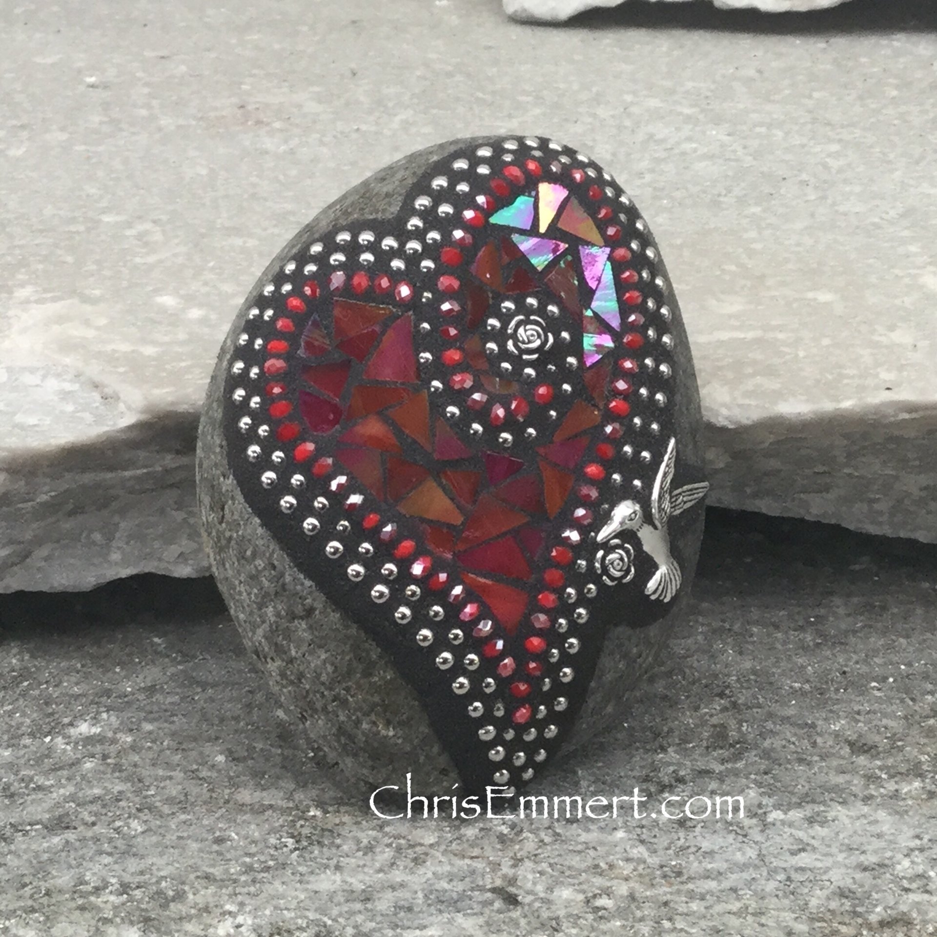 Red Valentine Heart, Humming Bird, Mosaic Paperweight / Garden Stone