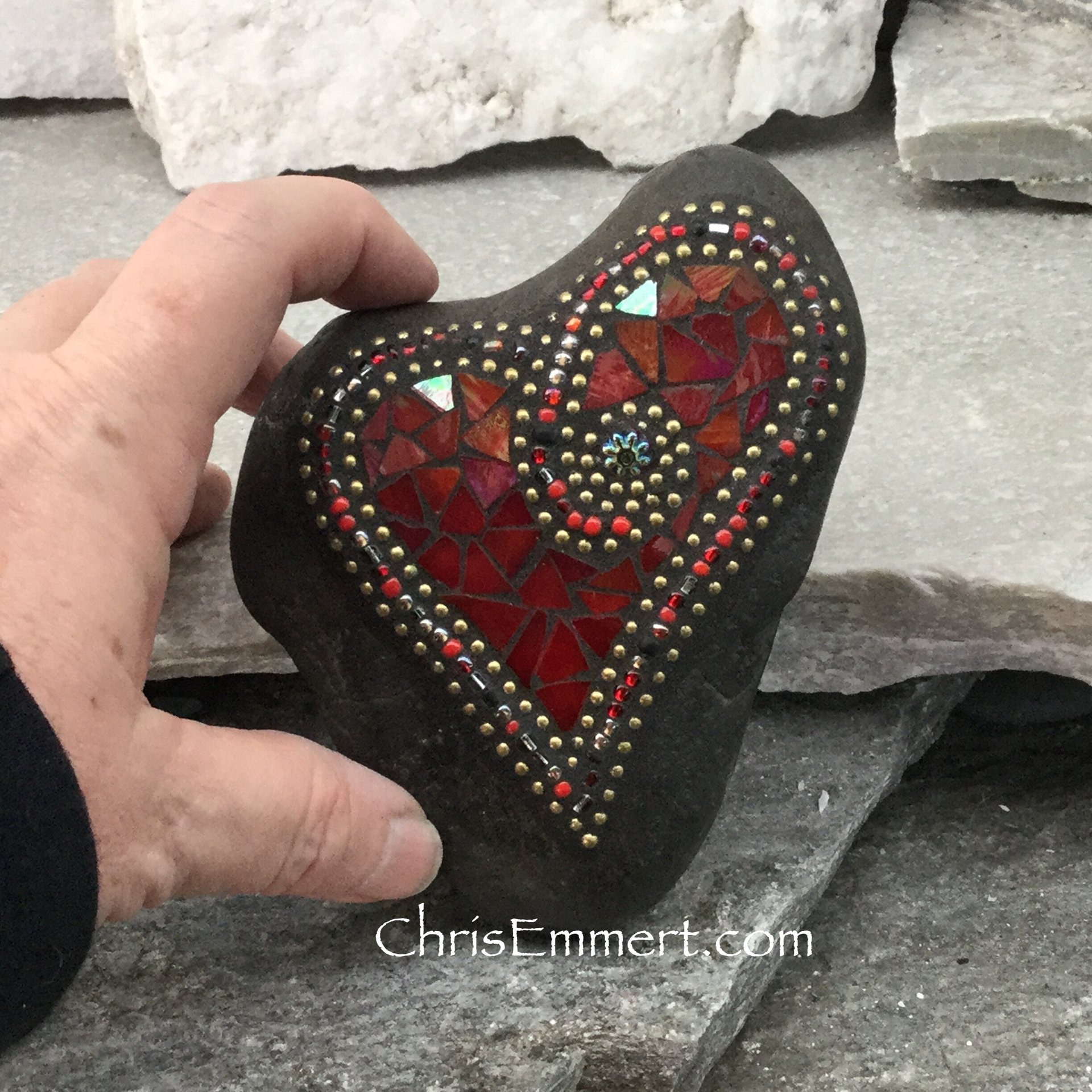 Iridescent Red Valentine Heart, Mosaic Paperweight / Garden Stone