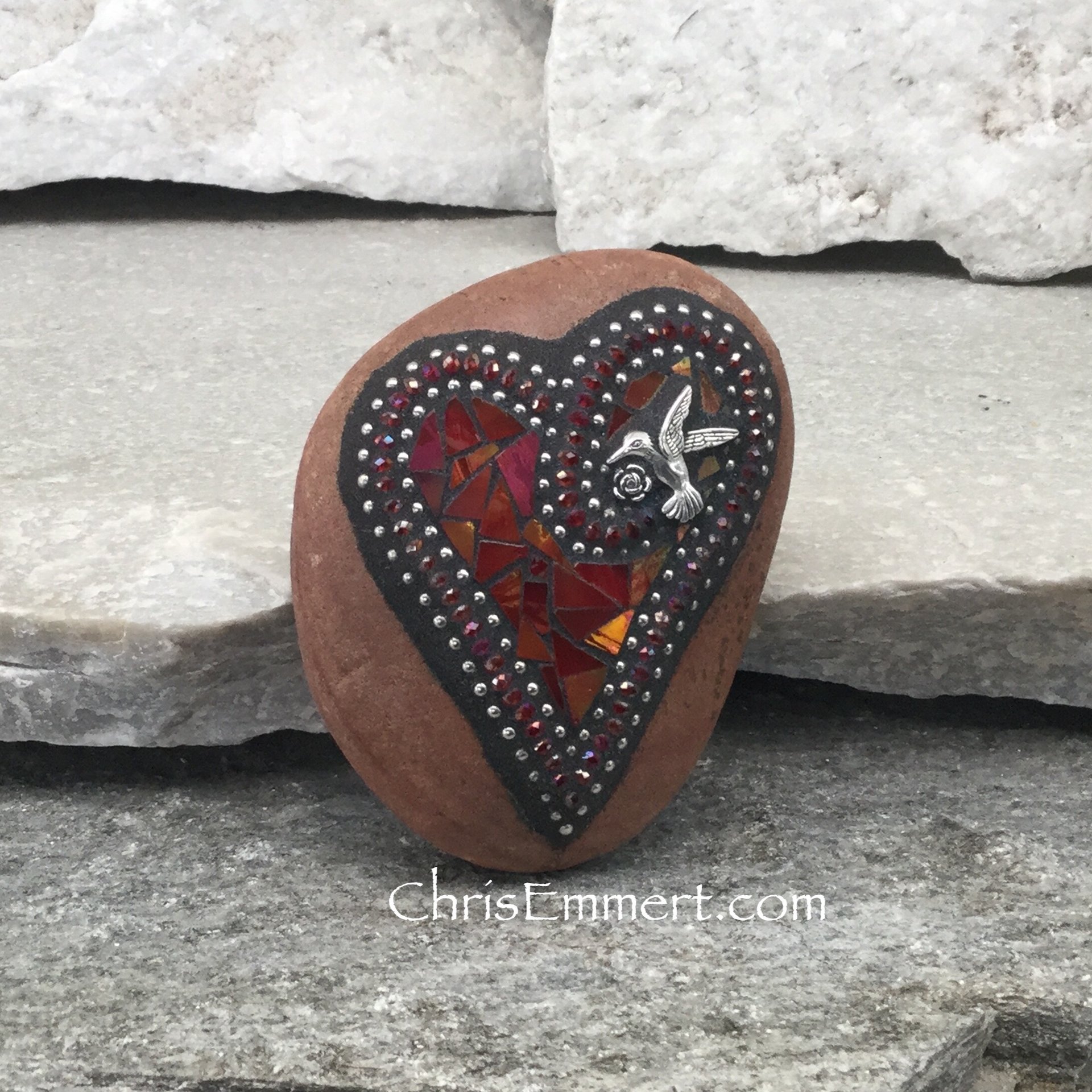 Iridescent Red Valentine Heart, Mosaic Paperweight / Garden Stone with Hummingbird