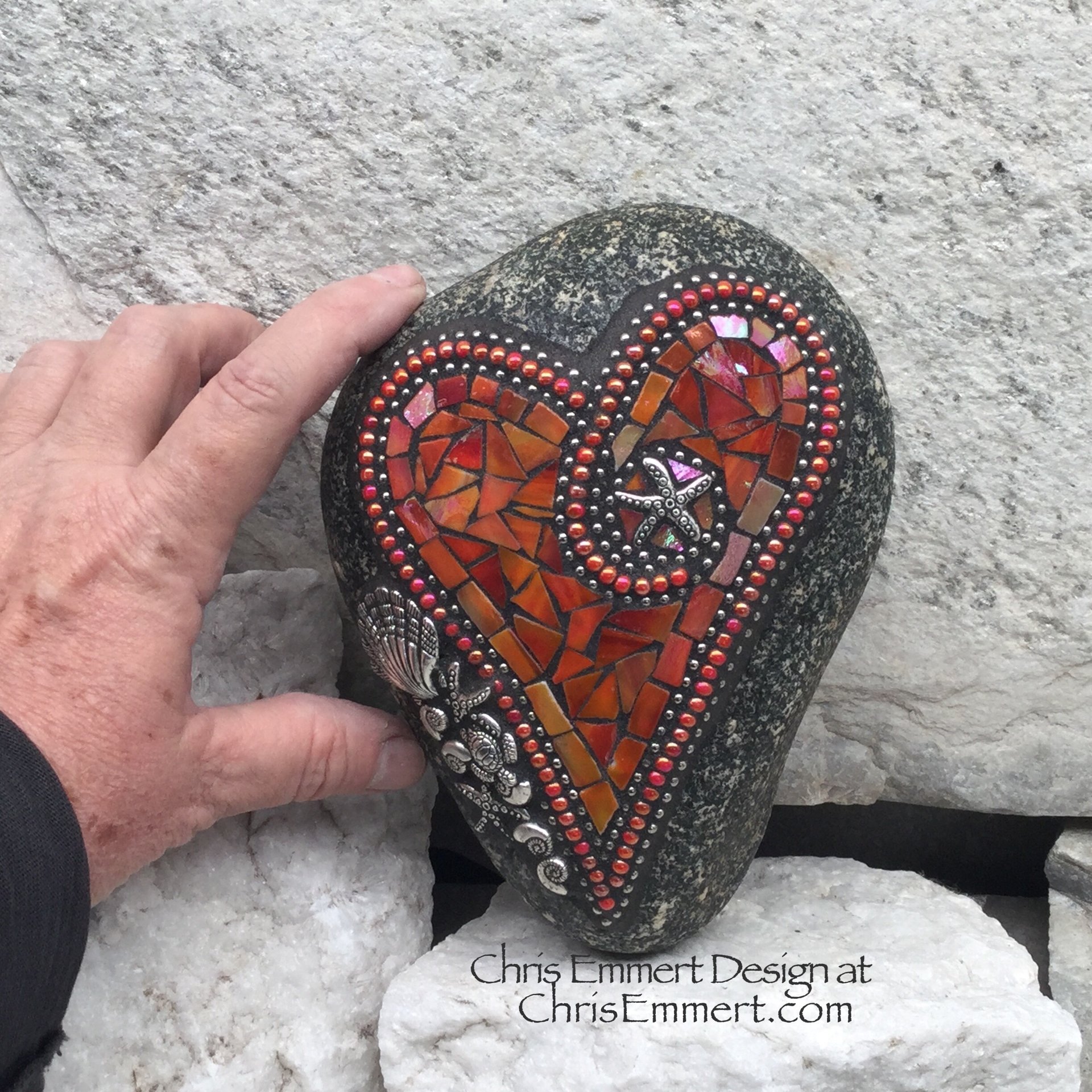 Orange Iridescent Heart, Shells and Starfish, Garden Stone, Mosaic, Beach Garden Decor