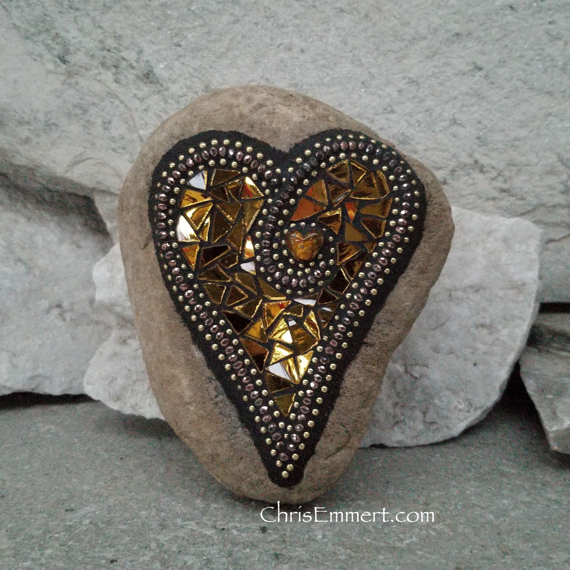 Gold Mirror Heart (3), Mosaic Paperweight / Garden Stone