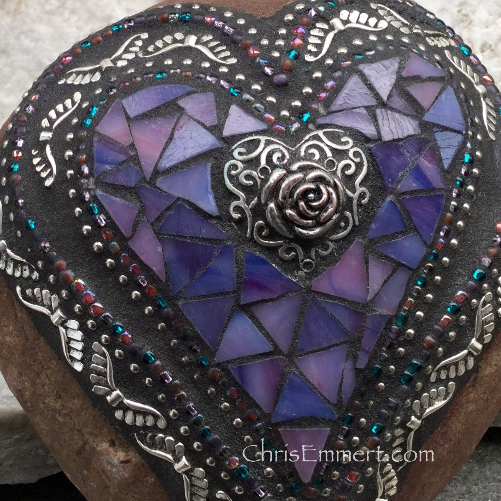 Purple Angel Wing Mosaic Heart, Mosaic Rock, Garden Stone, Home Decor, Gardener Gift, Garden Decor,