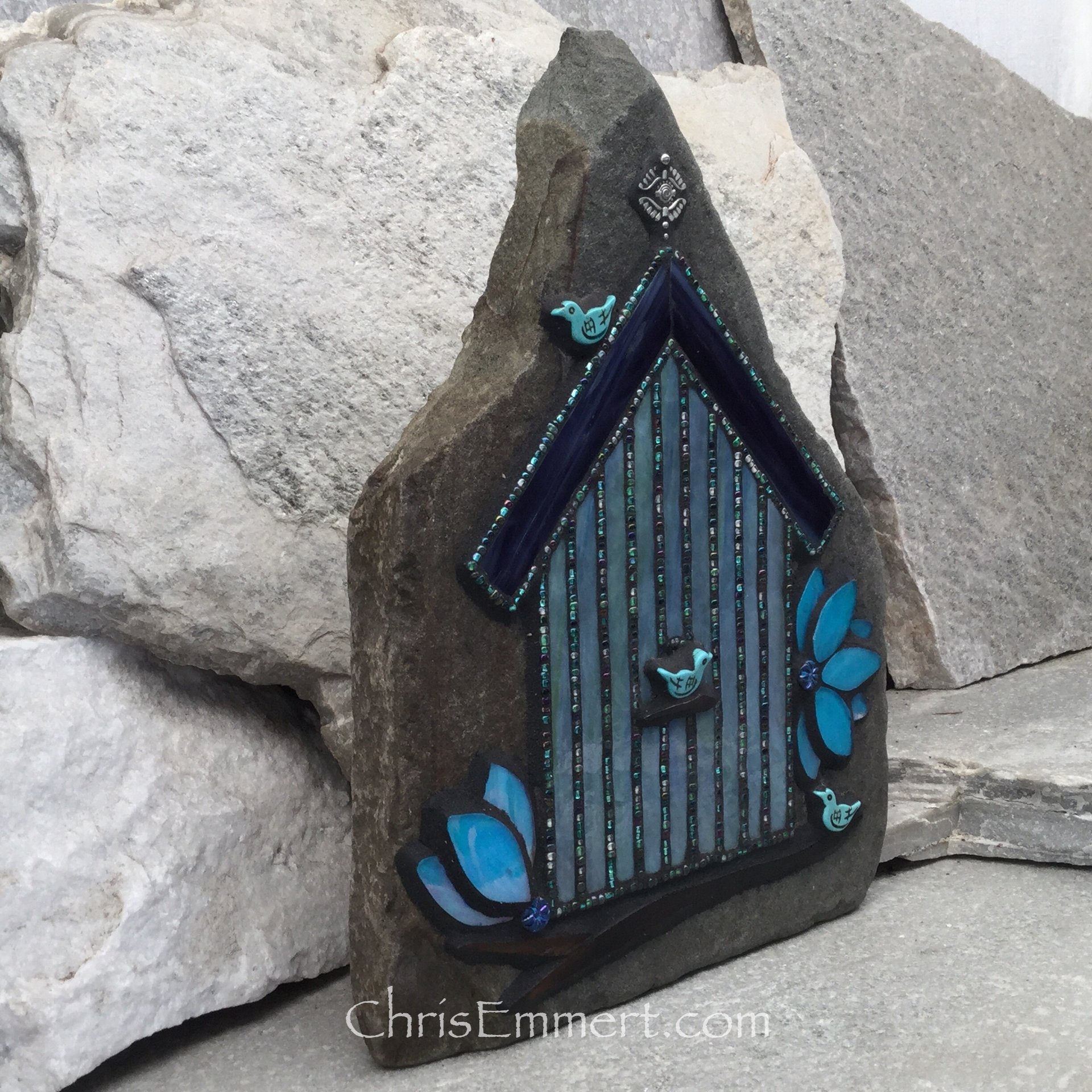 Large Iridescent Blue Mosaic Birdhouse, Mosaic Garden Stone, Gardner Gift, Garden Decor, Mosaic Rock