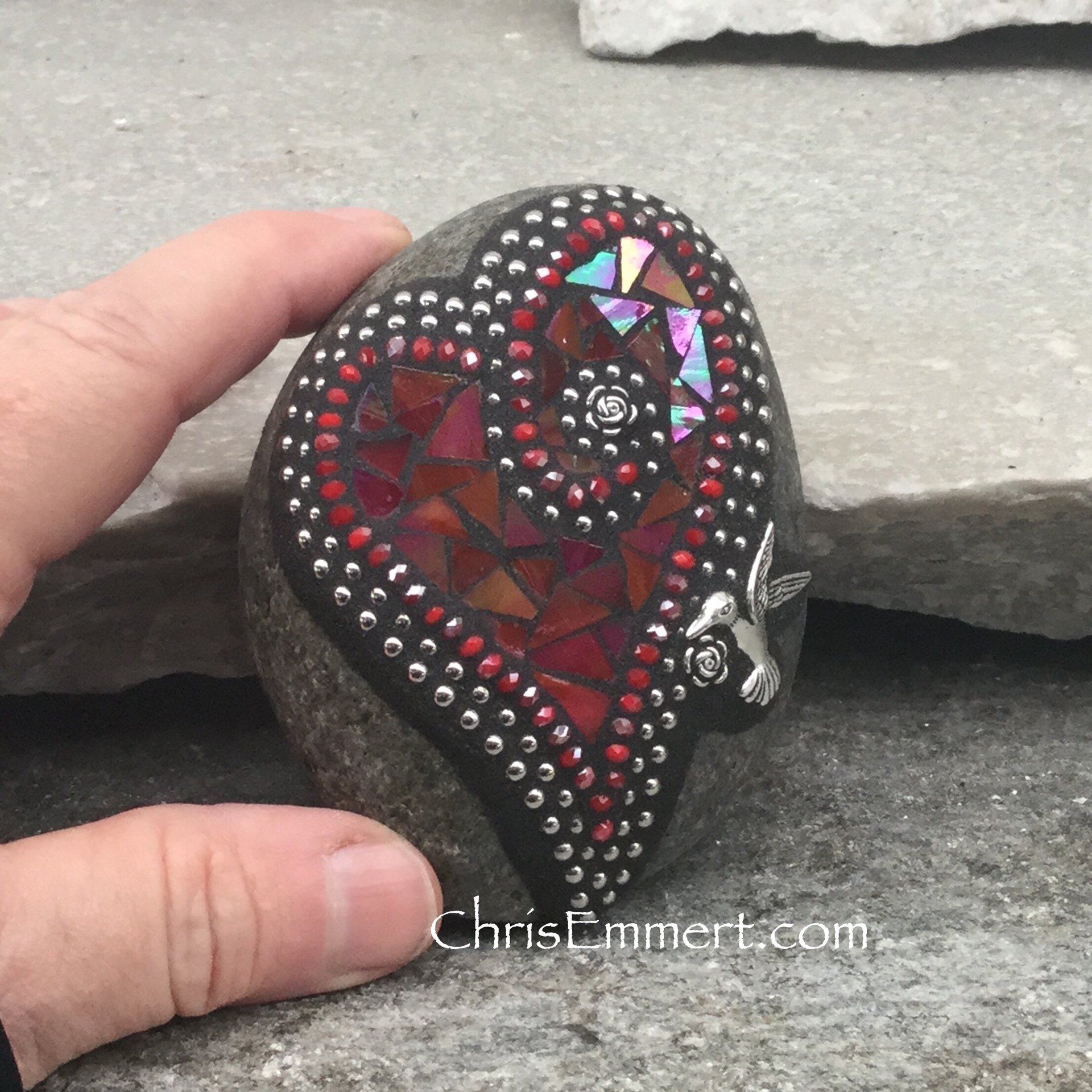 Red Valentine Heart, Humming Bird, Mosaic Paperweight / Garden Stone