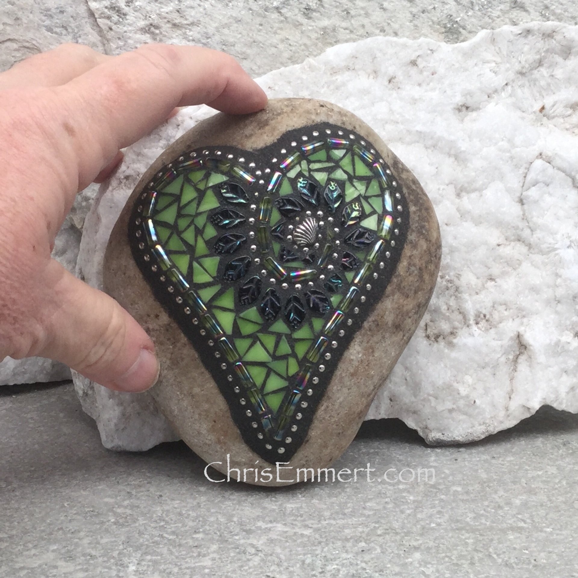 Lime Green Leaf Heart, Garden Stone, Mosaic, Garden Decor