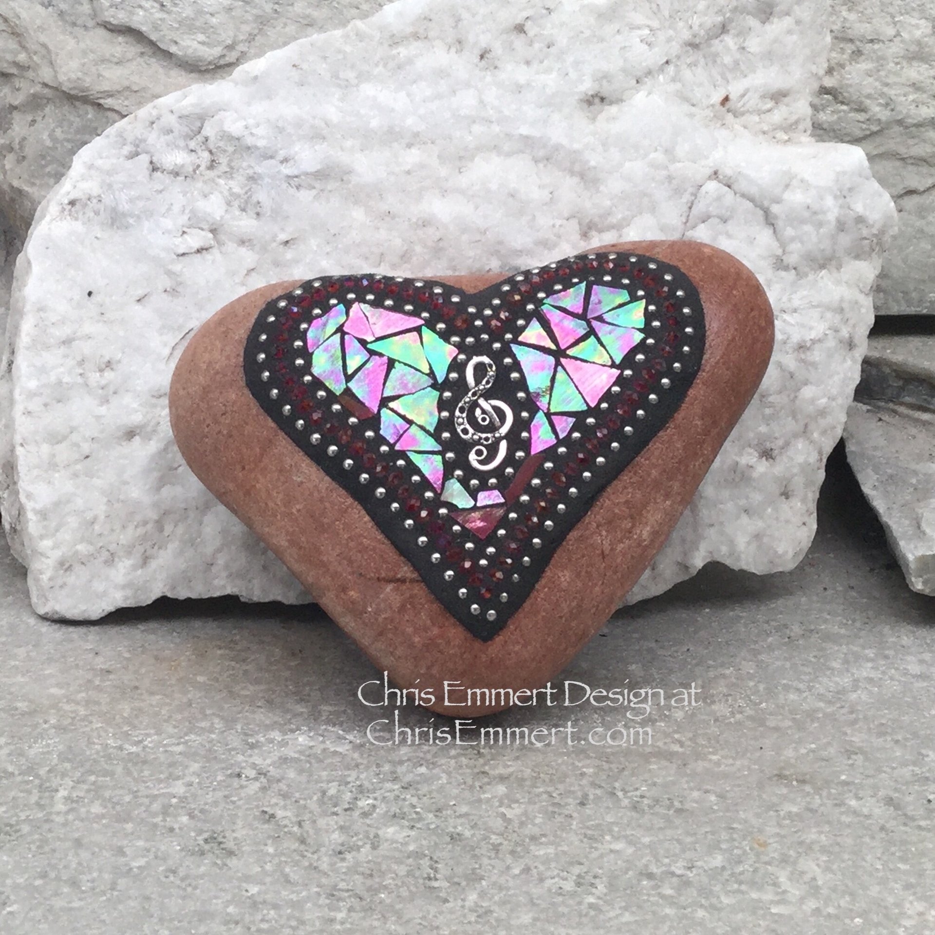 Iridescent Red Valentine Heart, Music, G -clef, Mosaic Paperweight / Garden Stone