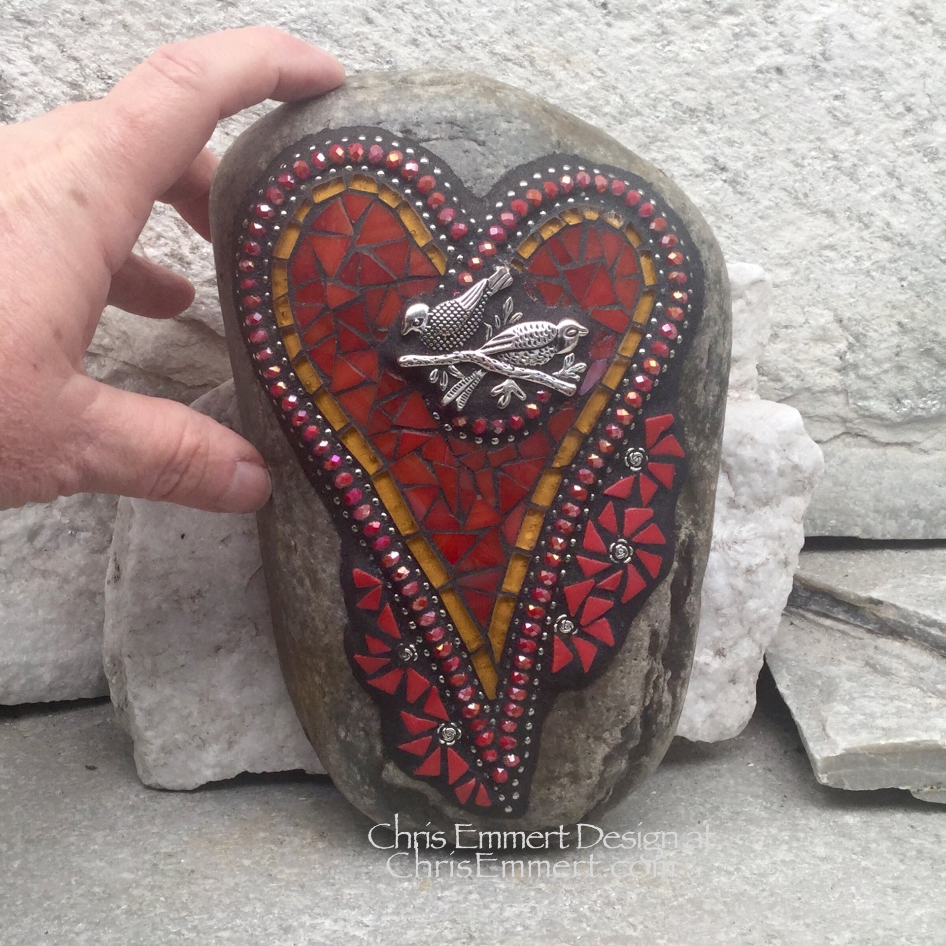 Red Heart with Birds and Flowers, Garden Stone, Mosaic, Garden Decor