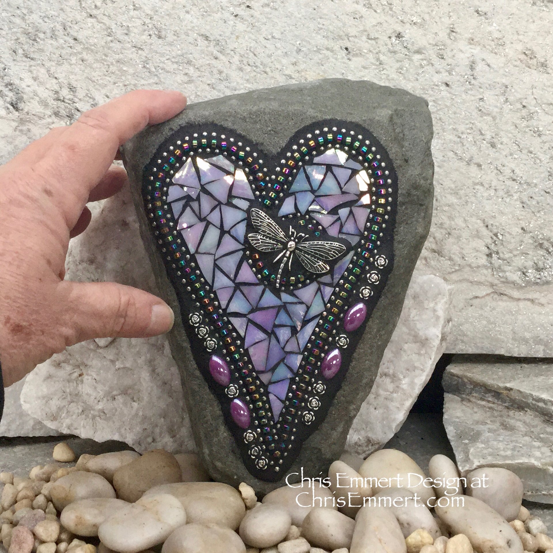 Iridescent Lavender Heart with Dragonfly, Garden Stone, Mosaic, Garden Decor