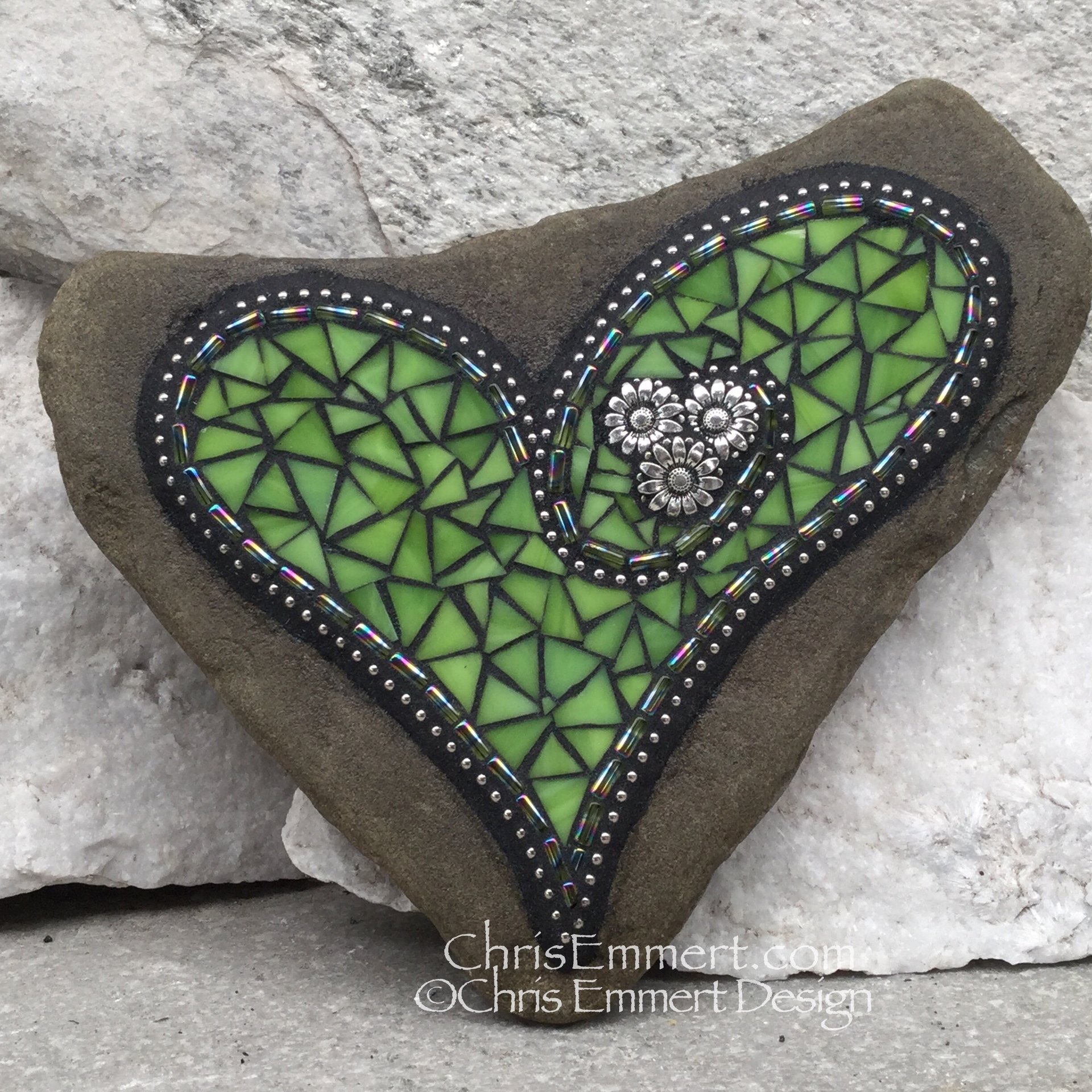 Lime Green Heart with Sun Flowers, Garden Stone, Mosaic, Garden Decor