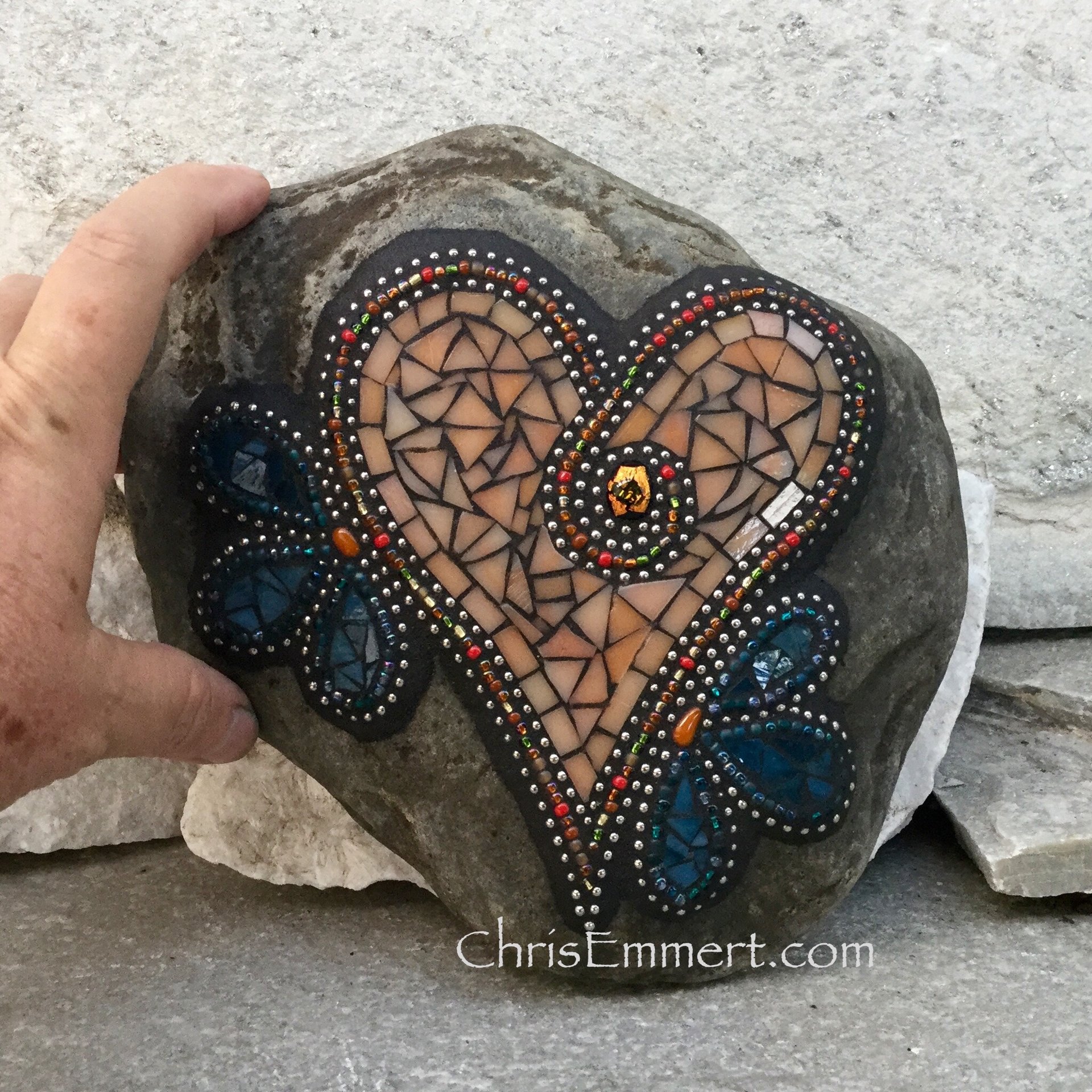 Light Orange Mosaic Heart, Teal Flowers, Mosaic Rock, Mosaic Garden Stone, Garden Rock, Home Decor, Gardener Gift