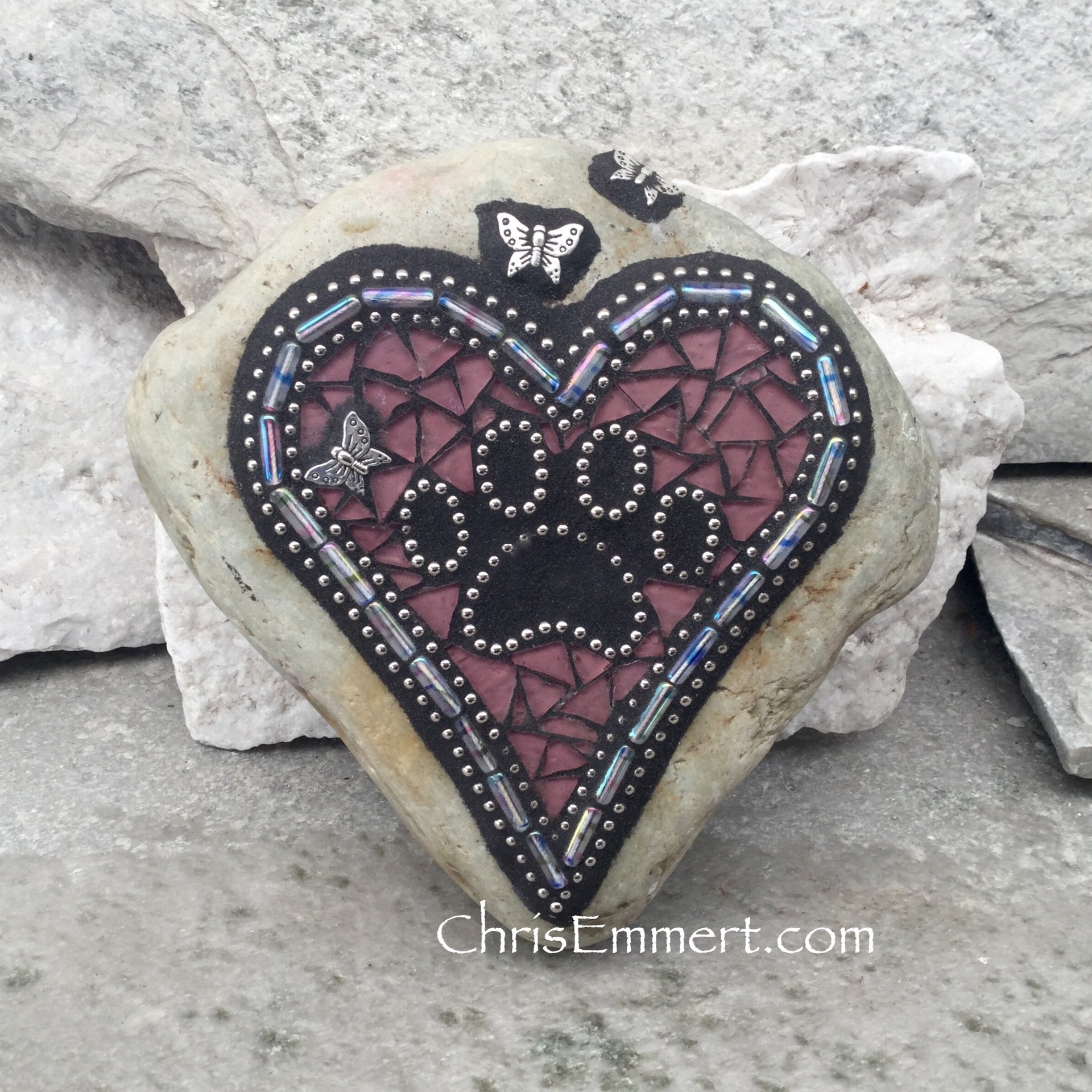 Light Purple Heart Mosaic with  Black Paw Print - Garden Stone, Pet Memorial