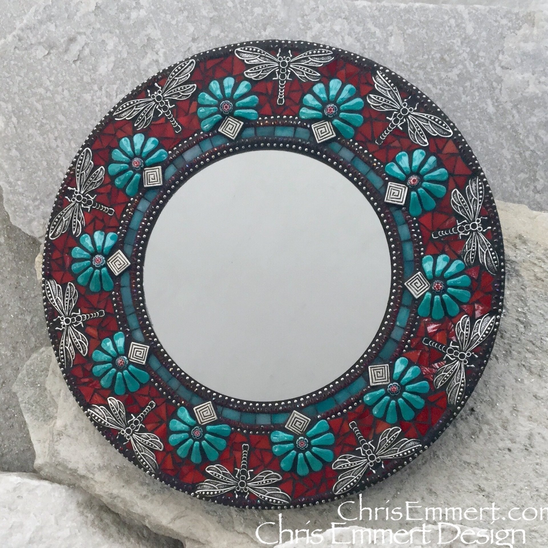 Teal and Red Dragonfly Mosaic Mirror, Round Mosaic Mirror, Home Decor