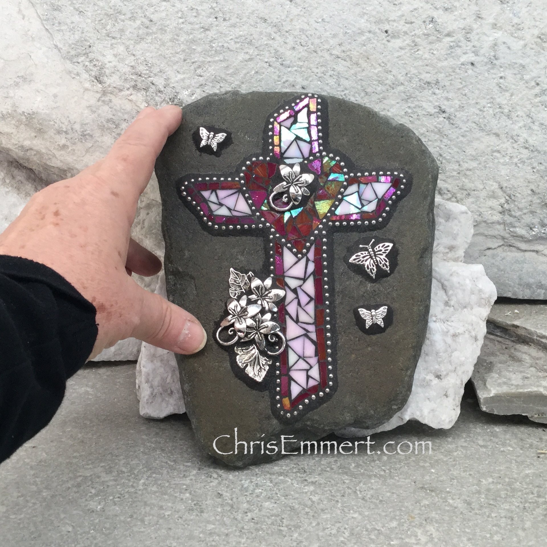 Red Heart and Cross Mosaic, Garden Stone, Garden Decor, Home Decor, Gardener Gift