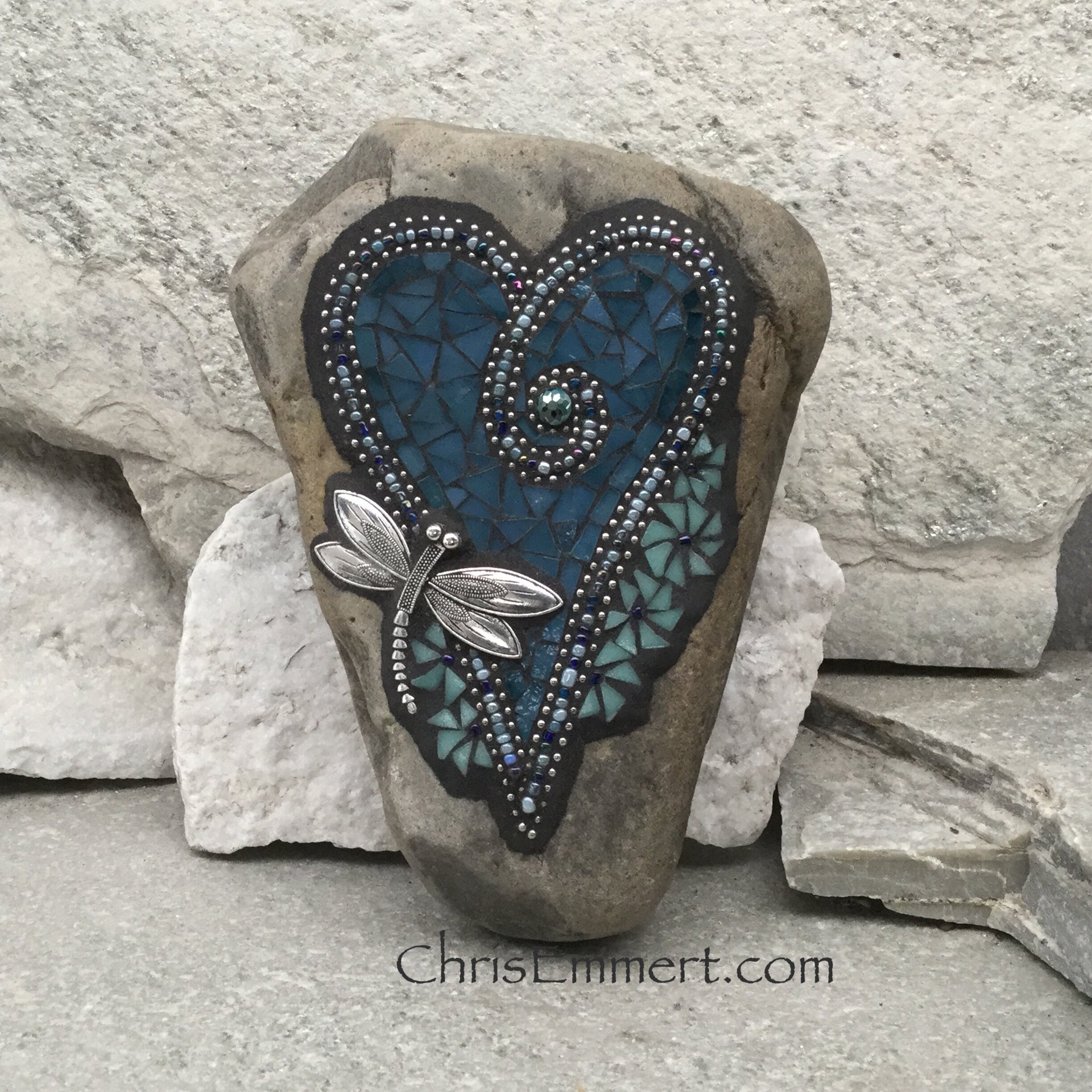 Denim Blue Heart with Teal Blue Flowers, Dragonfly, Garden Stone, Mosaic, Garden Decor