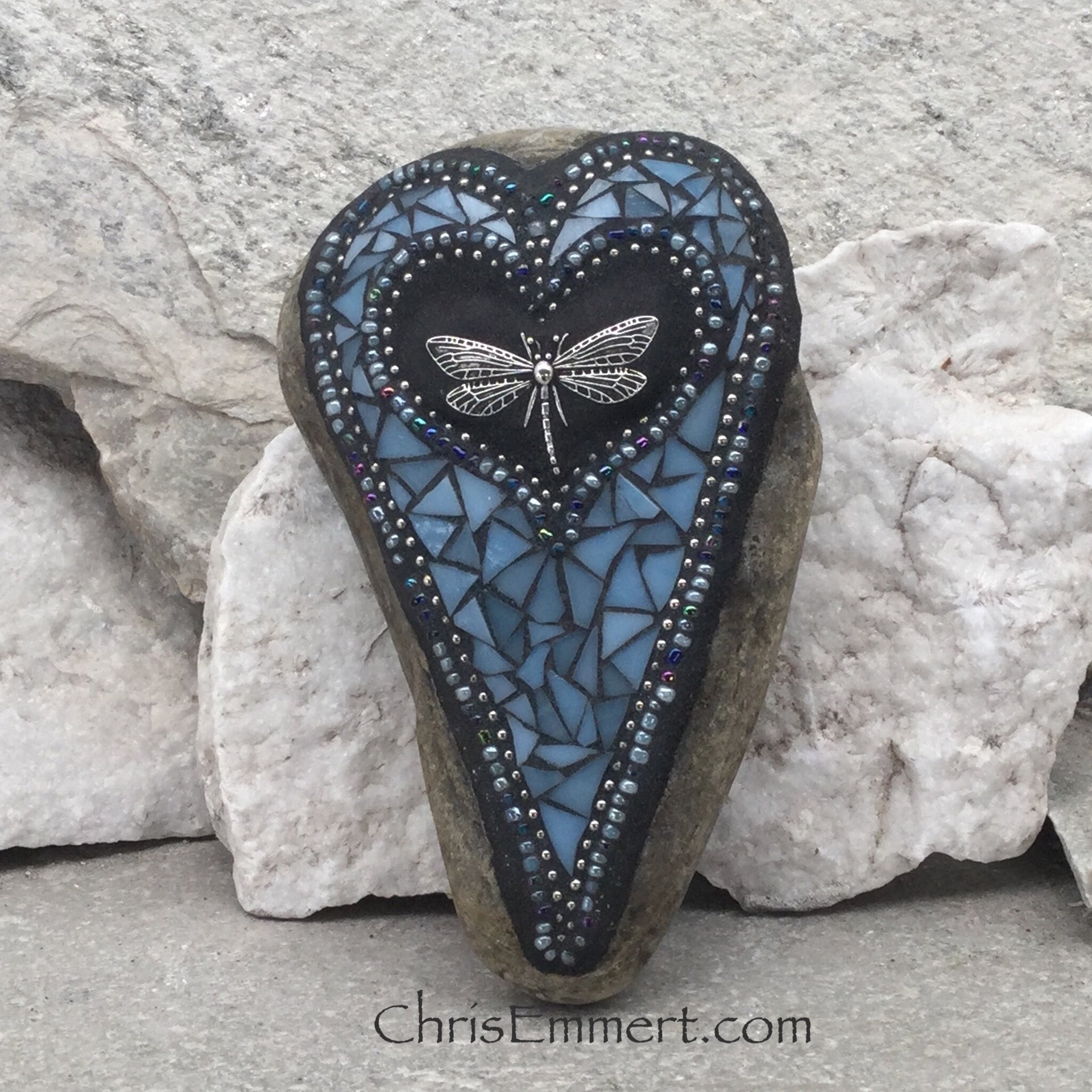 Blue Dragonfly Heart, Garden Stone, Mosaic, Garden Decor