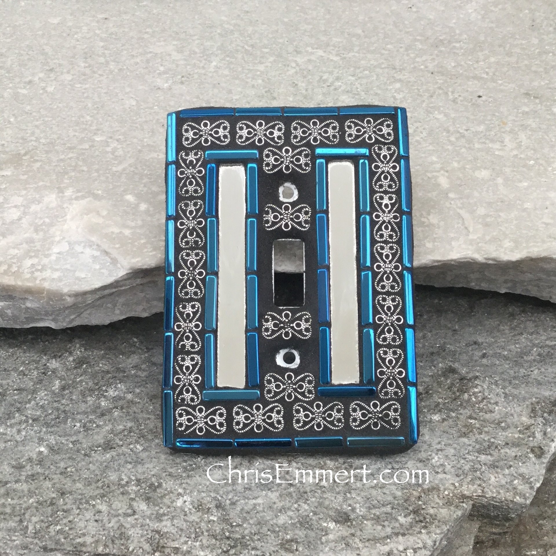 Mirror and Pewter Switch Plate, Iridescent Blue