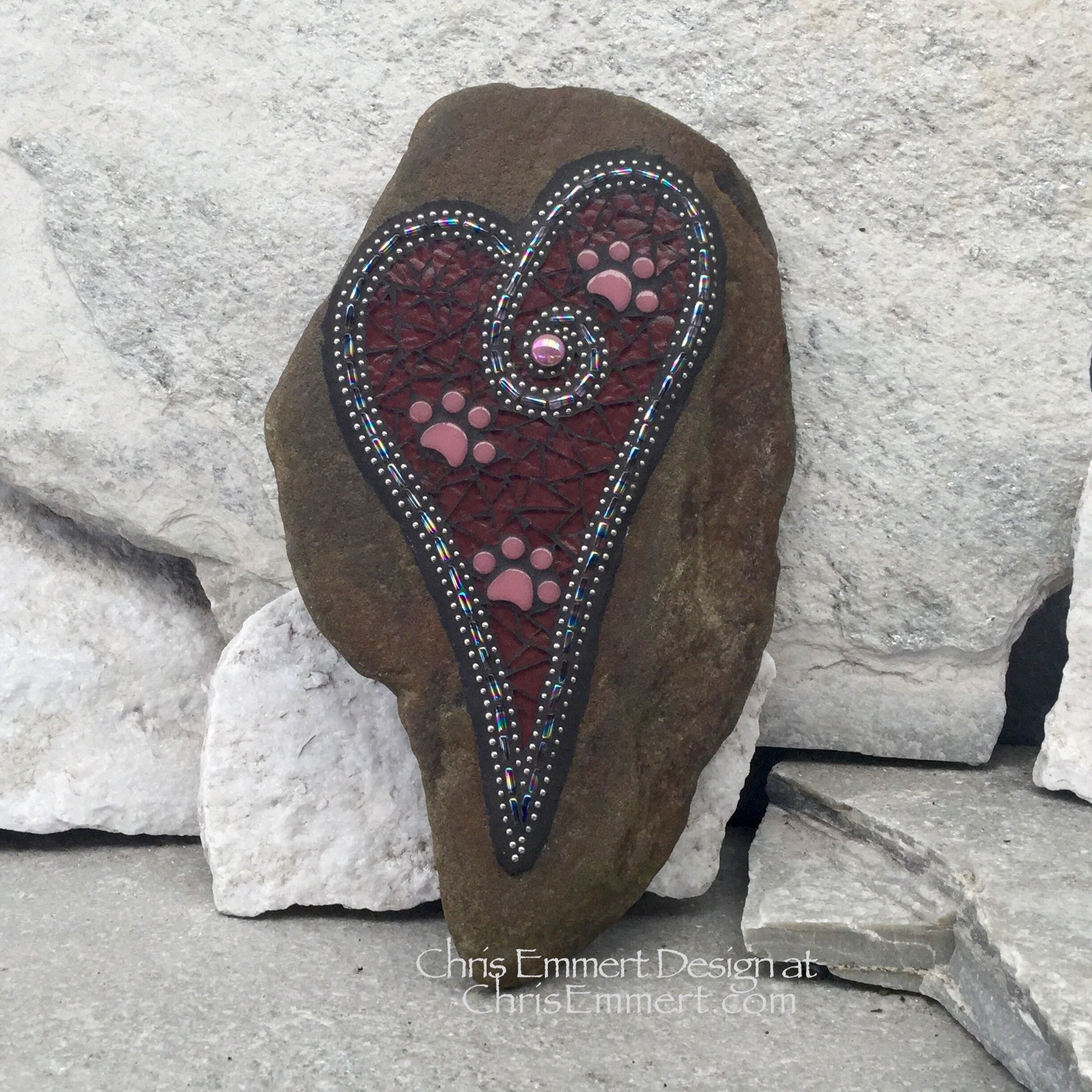 Large Iridescent Purple Mosaic Heart, Paw prints, Mosaic Garden Stone, Pet Memorial