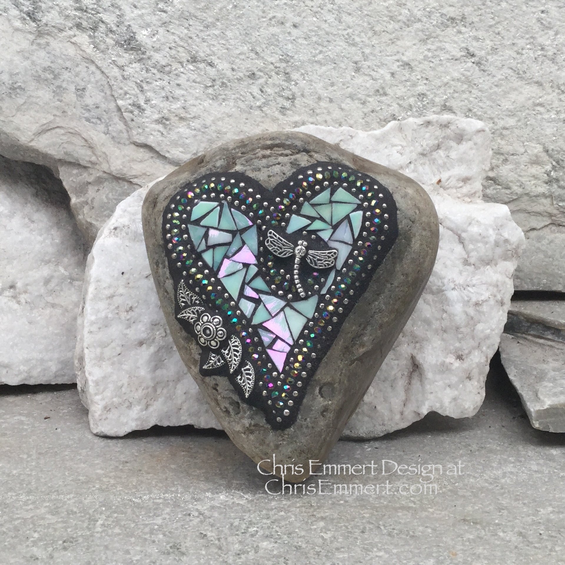 Iridescent Light Green Heart, Mosaic Paperweight / Garden Stone