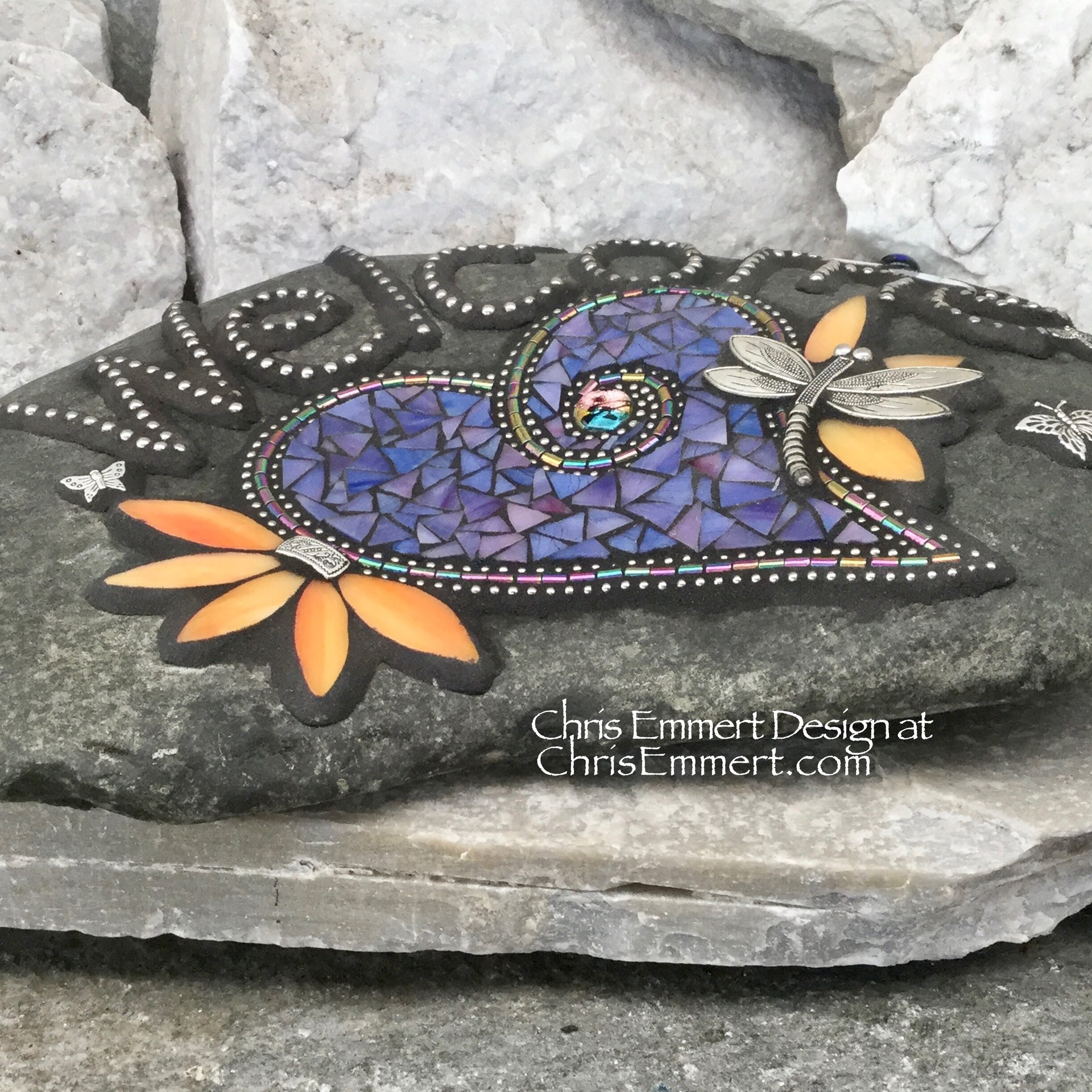 Large Welcome Purple Heart Stone with Dragonfly, Porch Decor, Garden Stone, Mosaic, Garden Decor