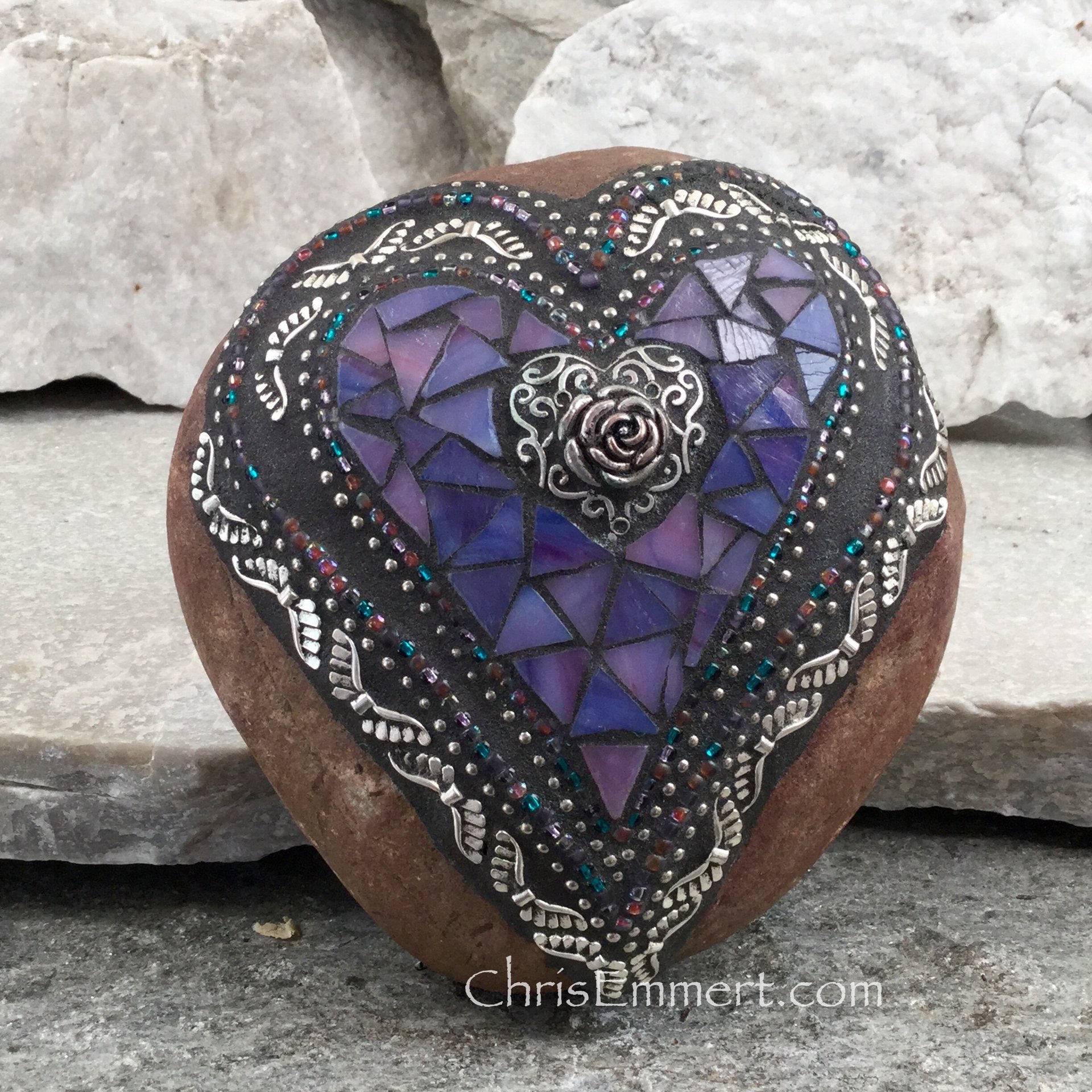 Purple Angel Wing Mosaic Heart, Mosaic Rock, Garden Stone, Home Decor, Gardener Gift, Garden Decor,