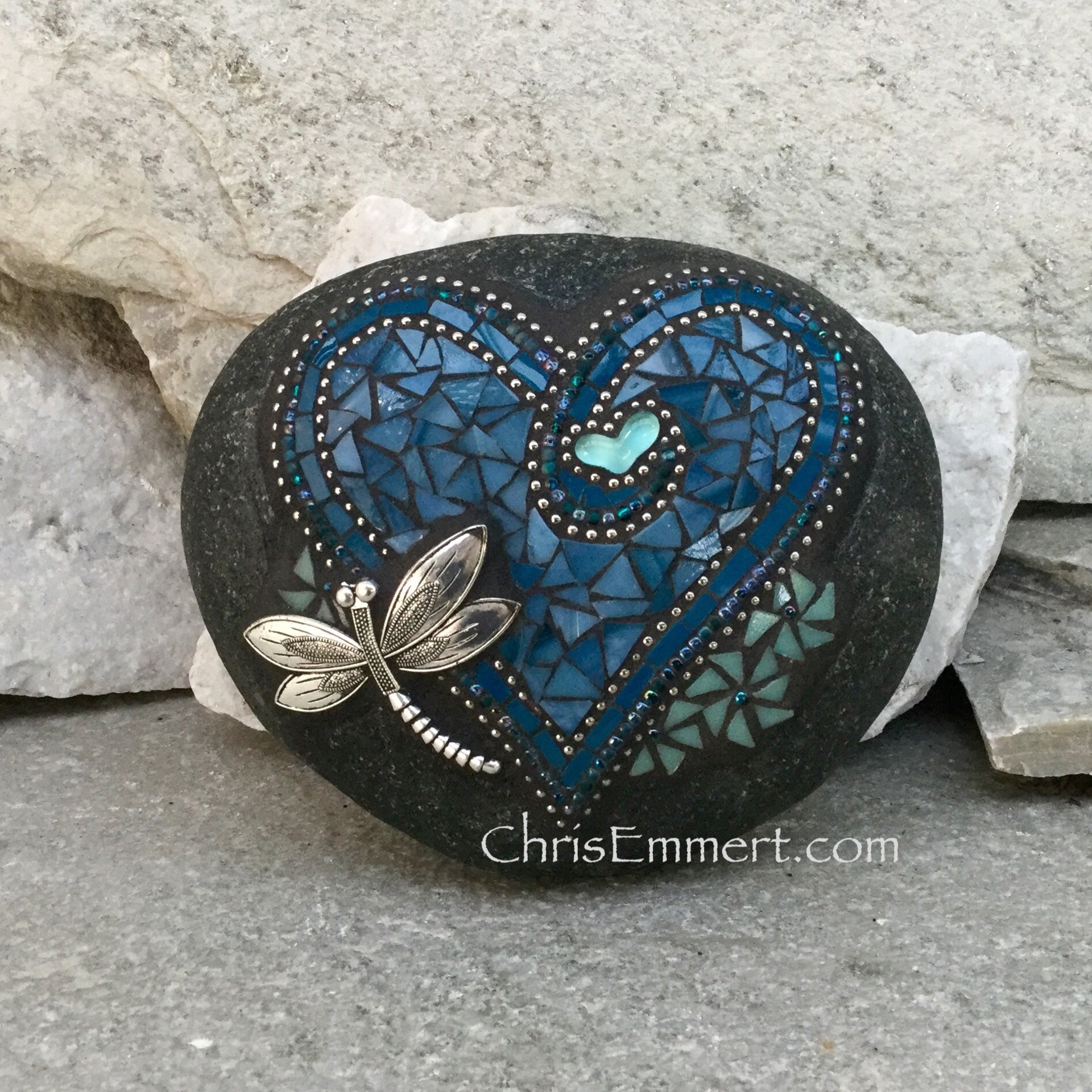 Denim Blue Heart with Teal Blue Flowers, Dragonfly, Garden Stone, Mosaic, Garden Decor