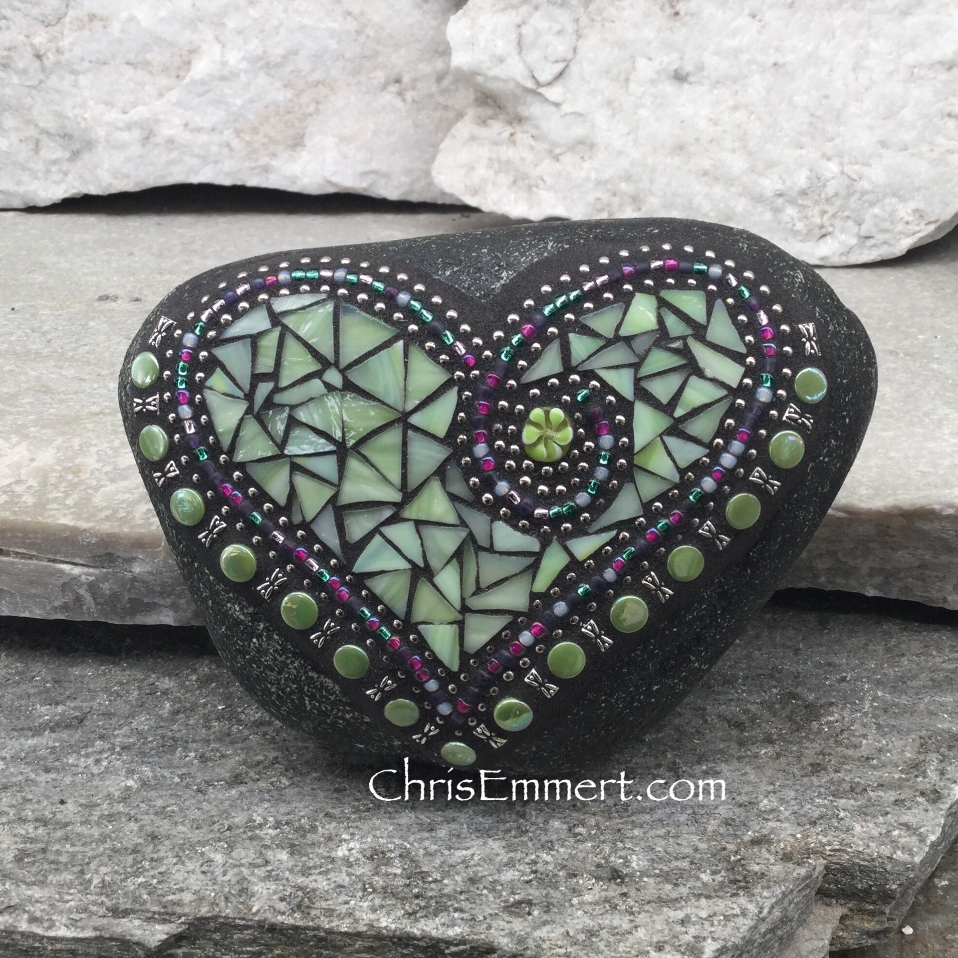 light lime green, mosaic garden stone, heart rock