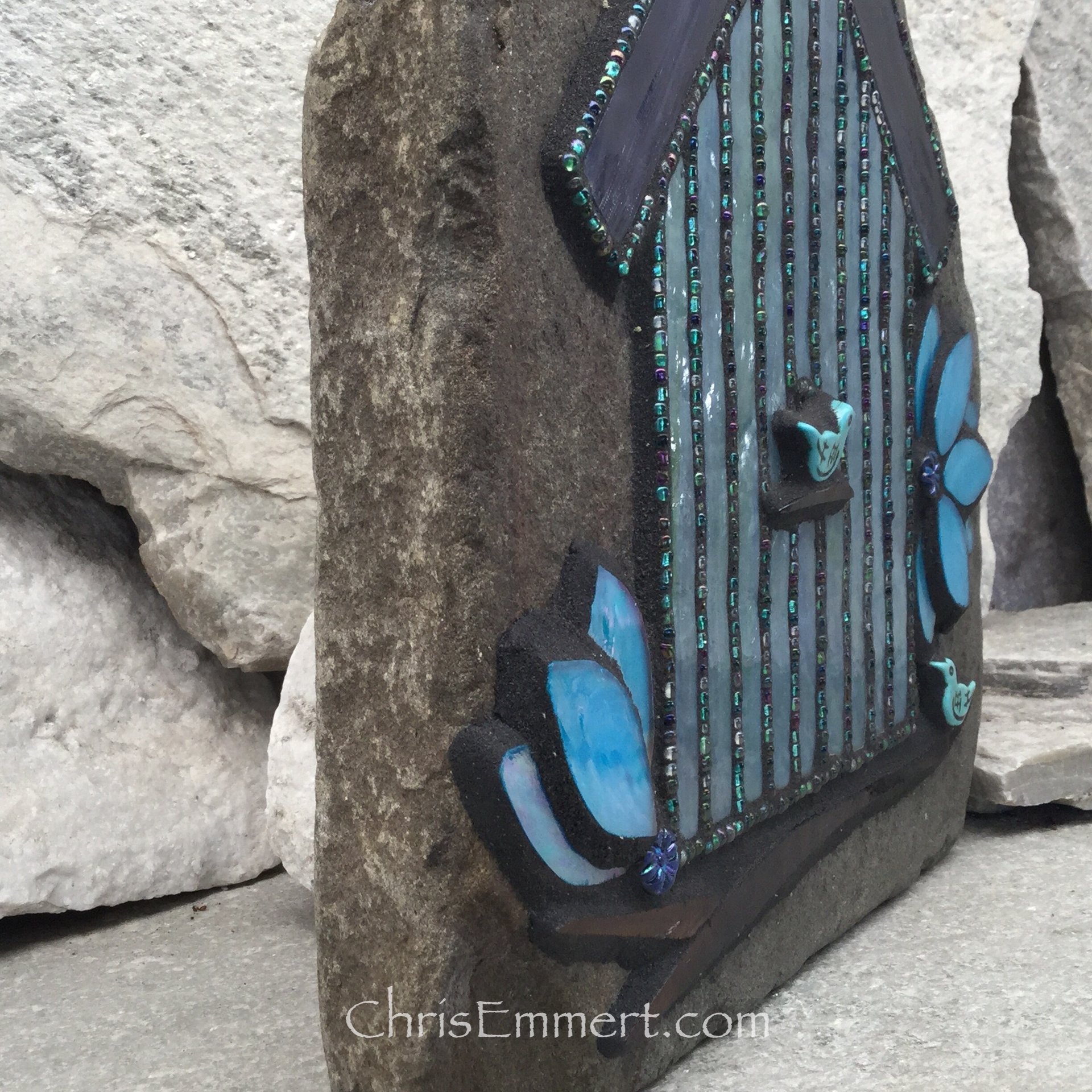 Large Iridescent Blue Mosaic Birdhouse, Mosaic Garden Stone, Gardner Gift, Garden Decor, Mosaic Rock