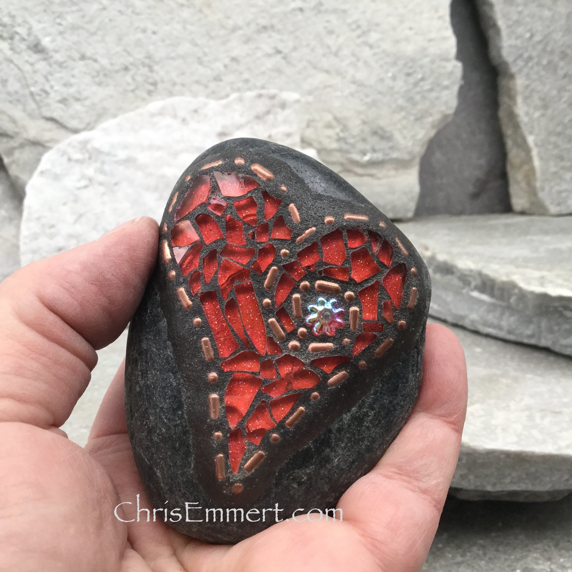 Garden Stone/Paperweights #1 Group Mosaic Heart, Mosaic Rock, Mosaic Garden Stone, Home Decor, Gardening, Gardening Gift,