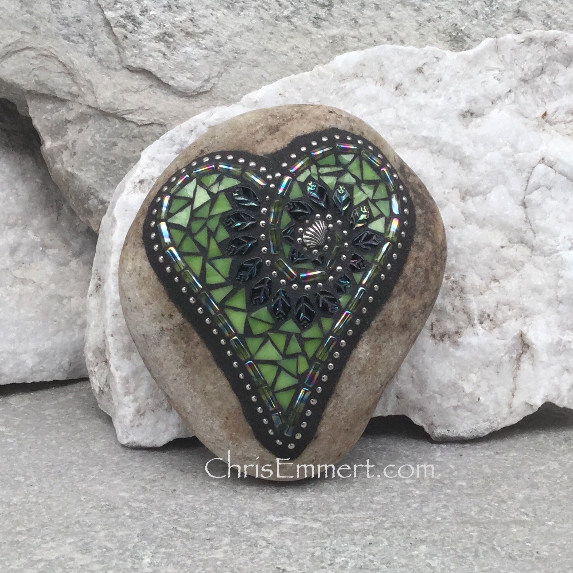 Lime Green Leaf Heart, Garden Stone, Mosaic, Garden Decor