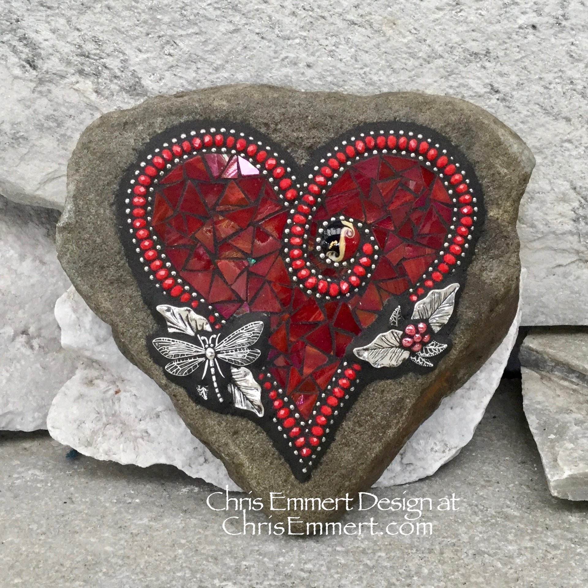 Iridescent Red Heart, Garden Stone, Mosaic, Garden Decor