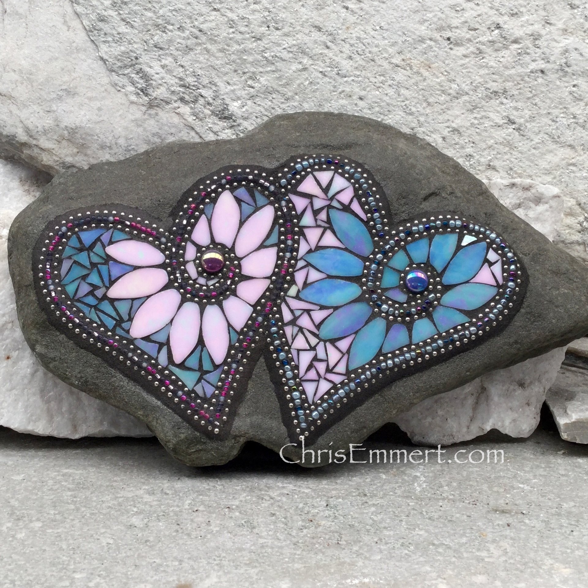Double Mosaic Heart, Wedding Mosaic Rock, Mosaic Garden Stone, Iridescent Pink and Blue, Home Decor, Garden Gift, Gardener